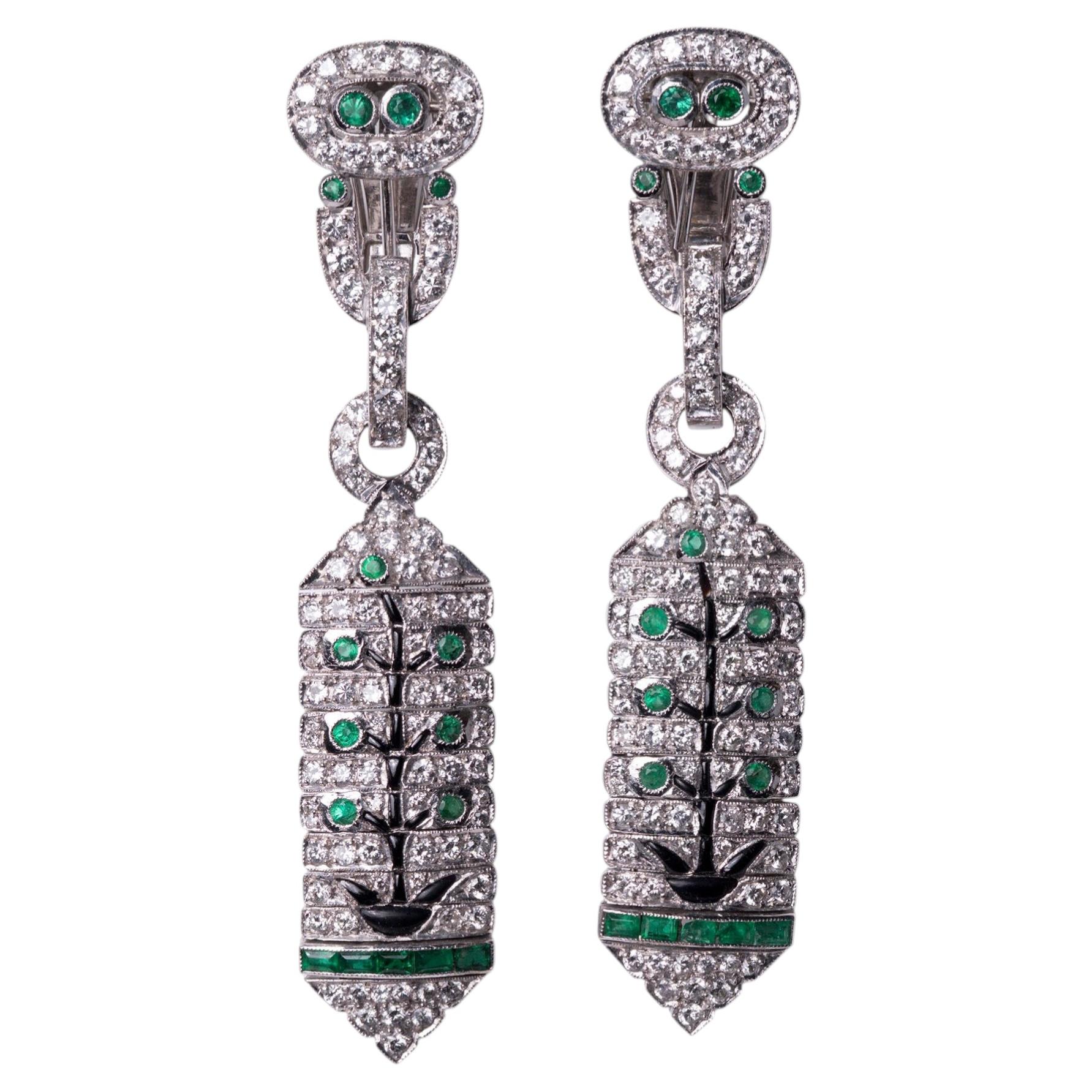 Art Deco Revival Diamond Emerald Tree of Life Day/Night Earrings For Sale