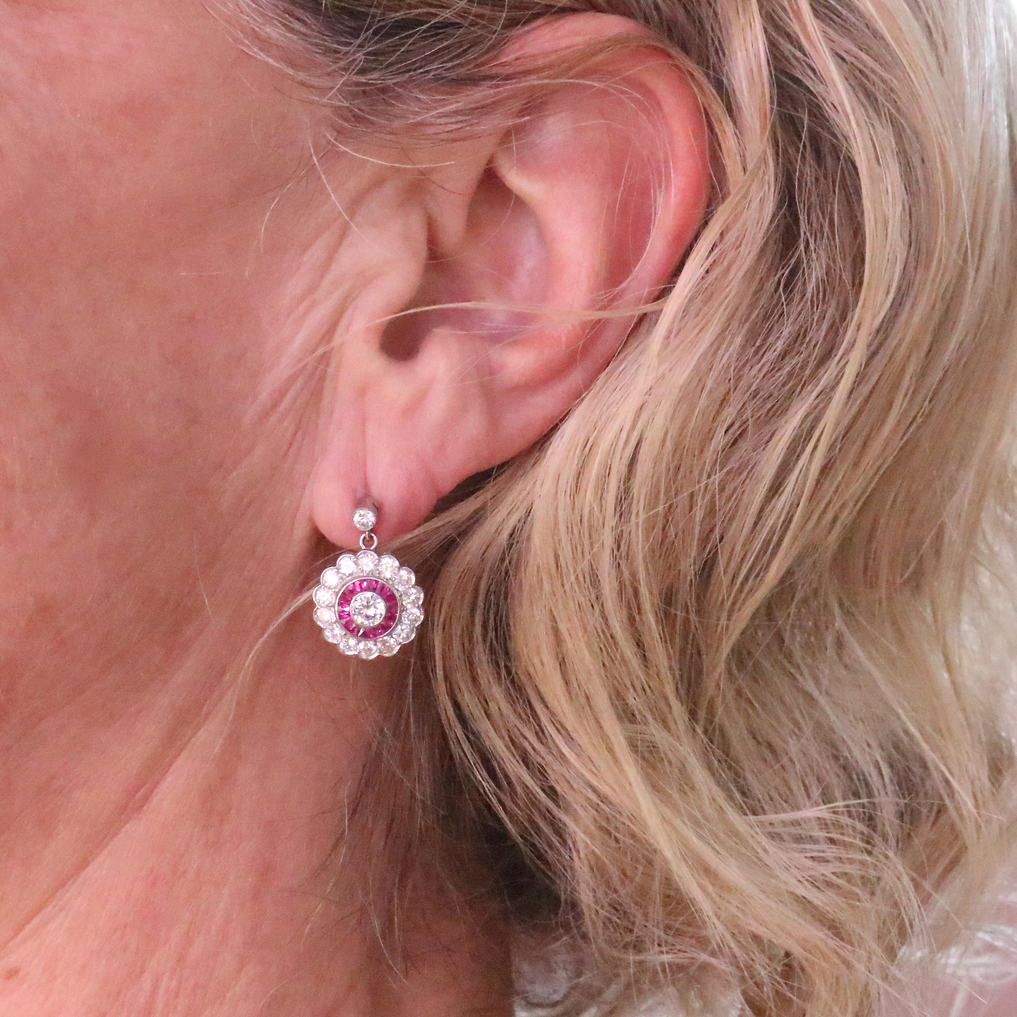 Round Cut Art Deco Style Diamond Ruby Platinum Cluster Earrings