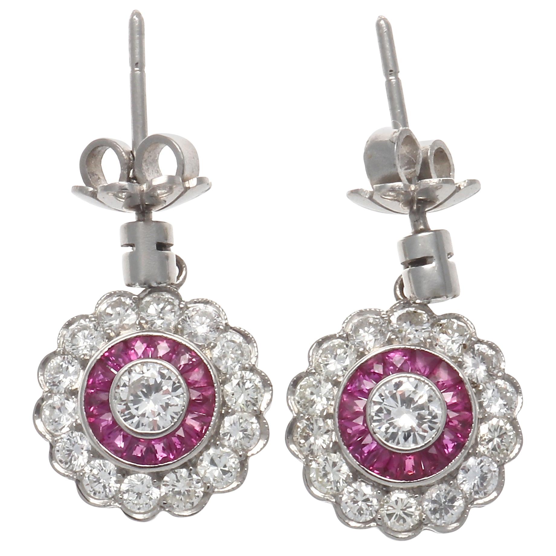 Art Deco Style Diamond Ruby Platinum Cluster Earrings