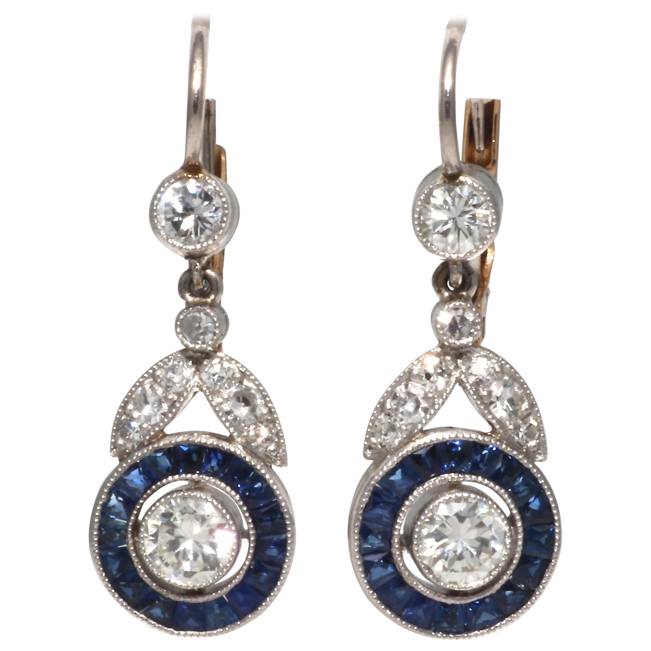 Art Deco Style Diamond Sapphire Platinum Drop Earrings