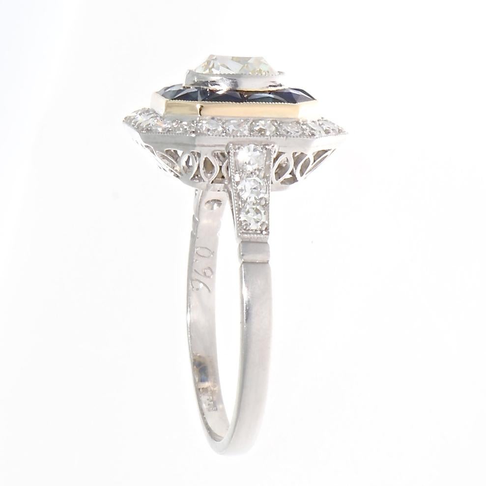 Art Deco Revival Diamond Sapphire Platinum Engagement Ring In New Condition In Beverly Hills, CA