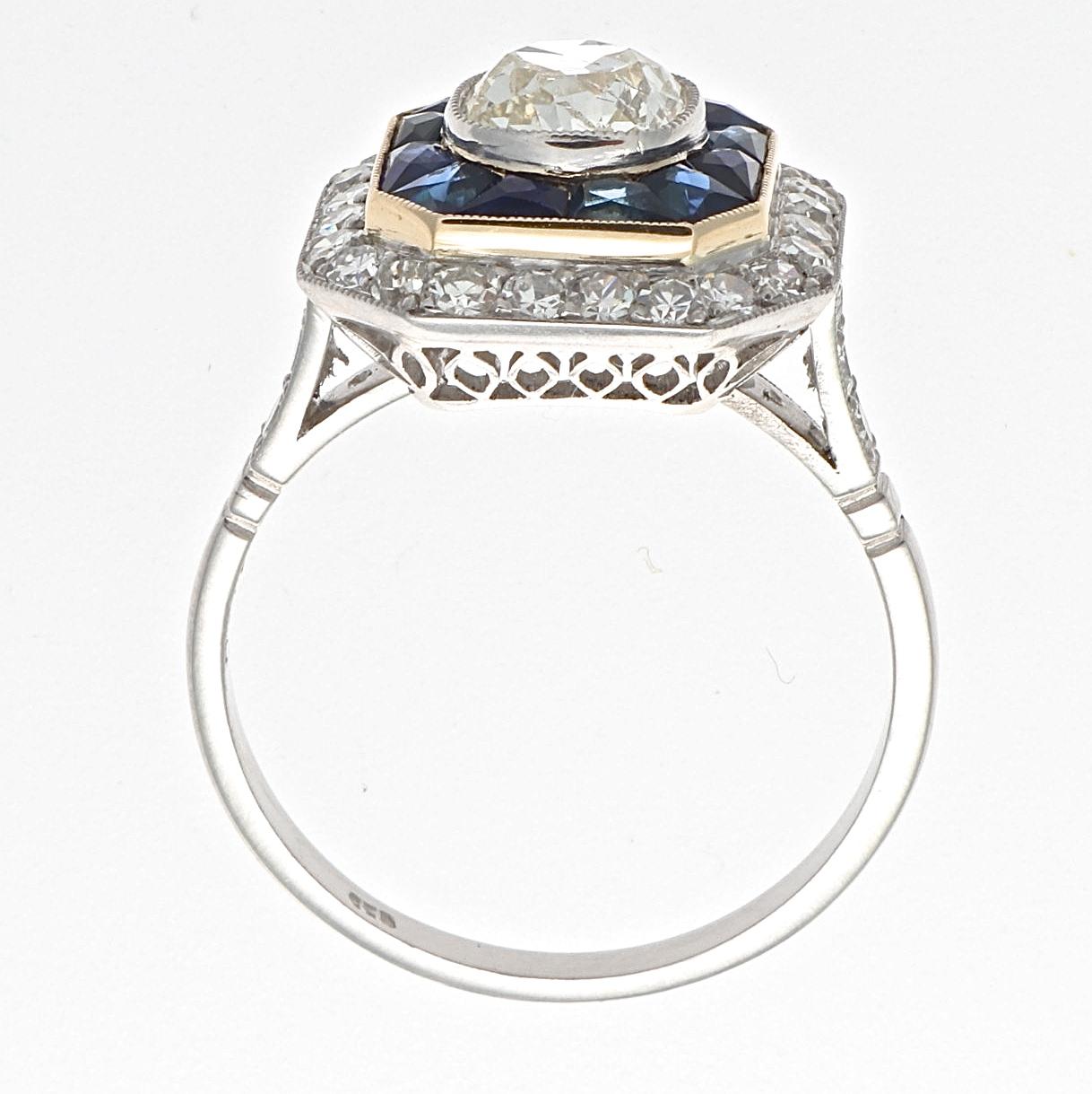 Women's Art Deco Revival Diamond Sapphire Platinum Engagement Ring
