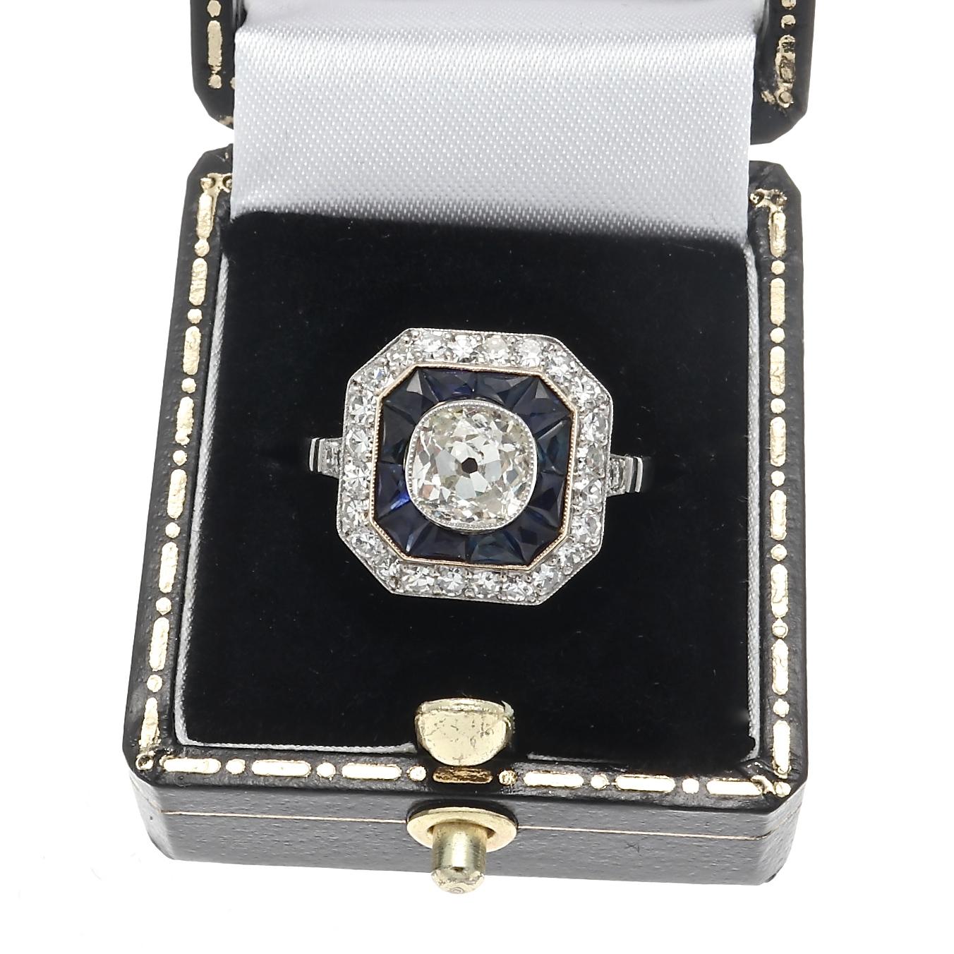 Art Deco Revival Diamond Sapphire Platinum Engagement Ring 2