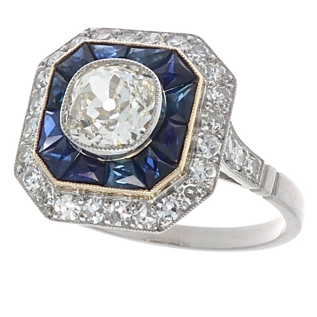 Art Deco Revival Diamond Sapphire Platinum Engagement Ring