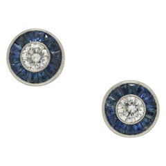 Art Deco Revival Diamond Sapphire Stud Earrings Target Design Platinum Halo