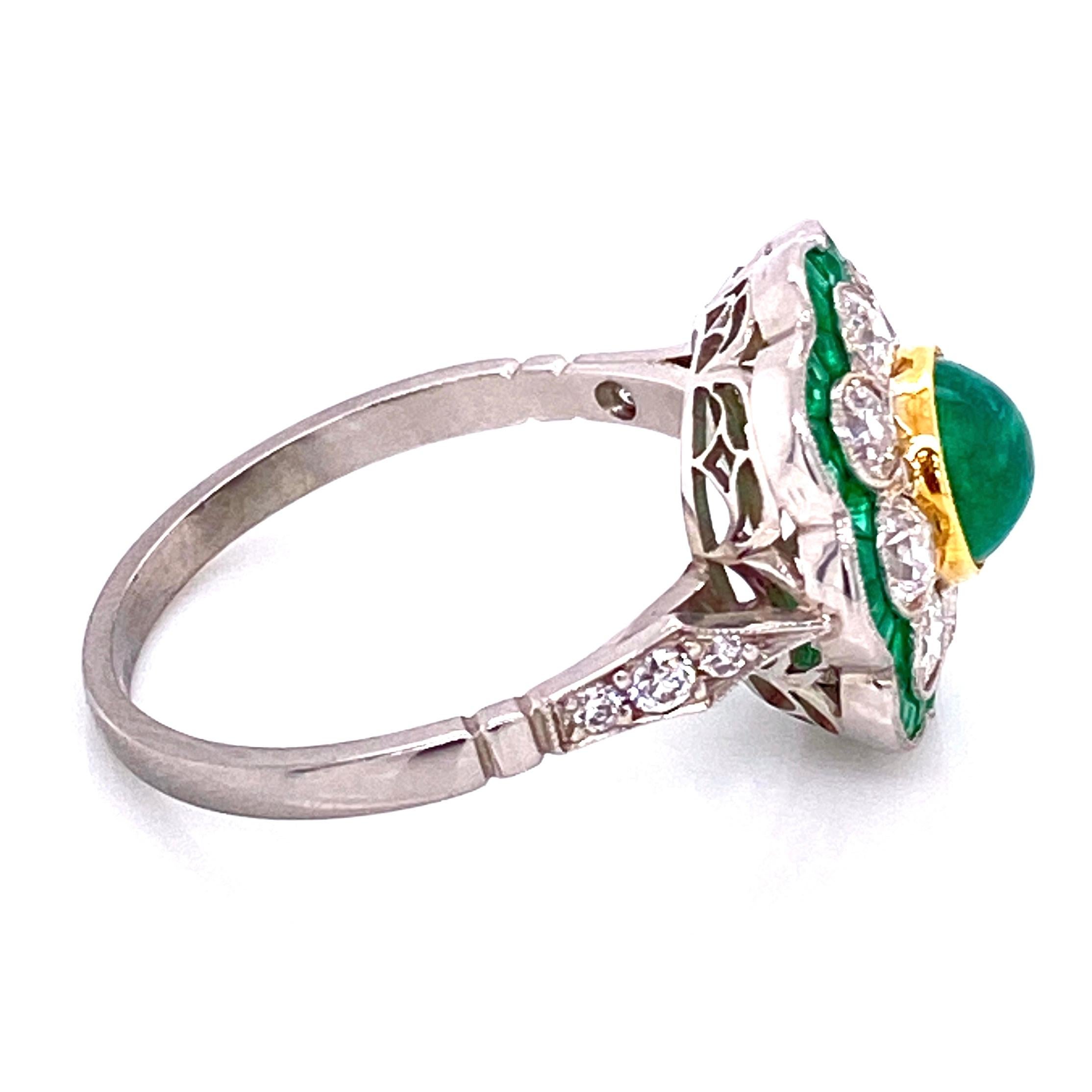 Cabochon Art Deco Revival Emerald and Diamond Platinum Ring Estate Fine Jewelry