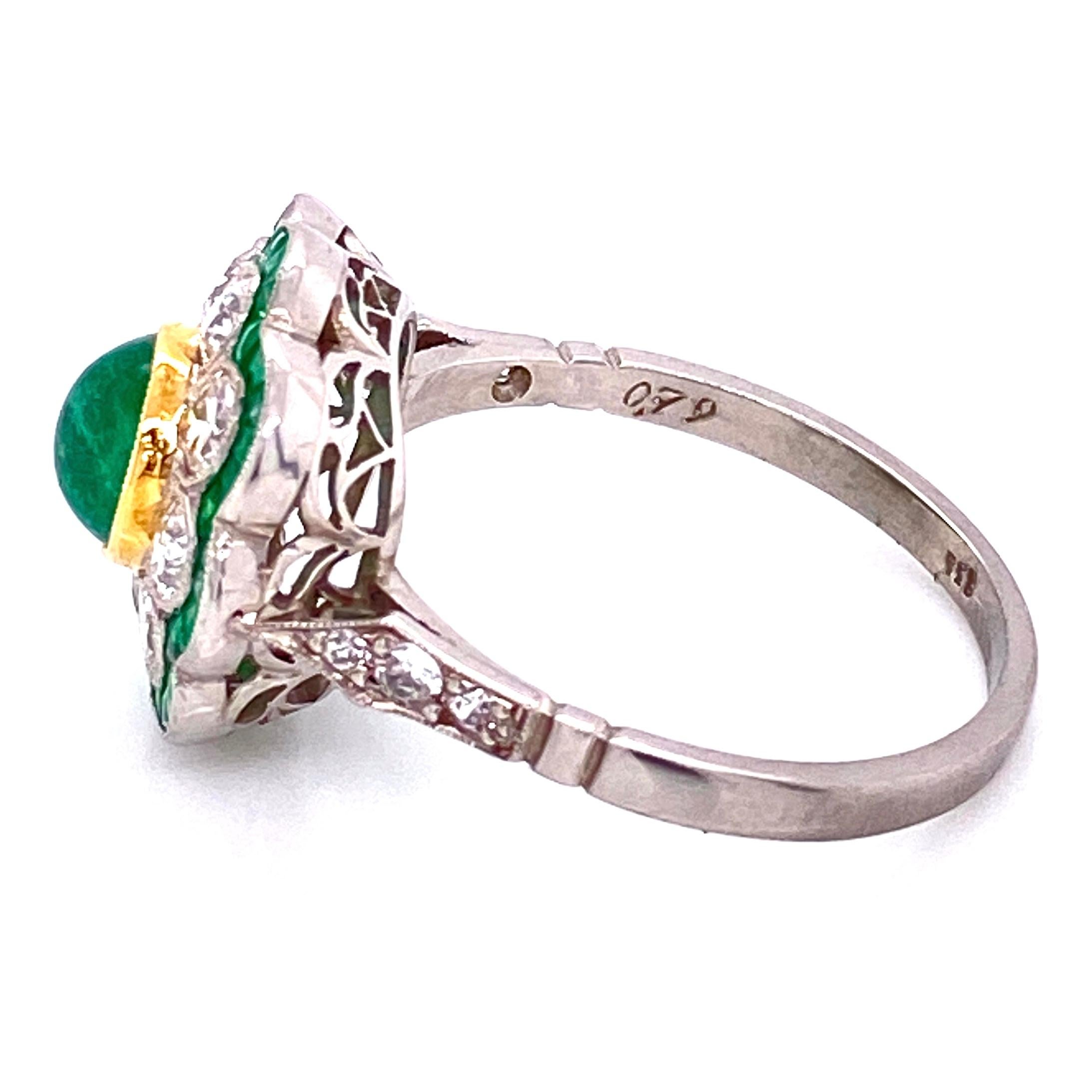 Women's Art Deco Revival Emerald and Diamond Platinum Ring Estate Fine Jewelry