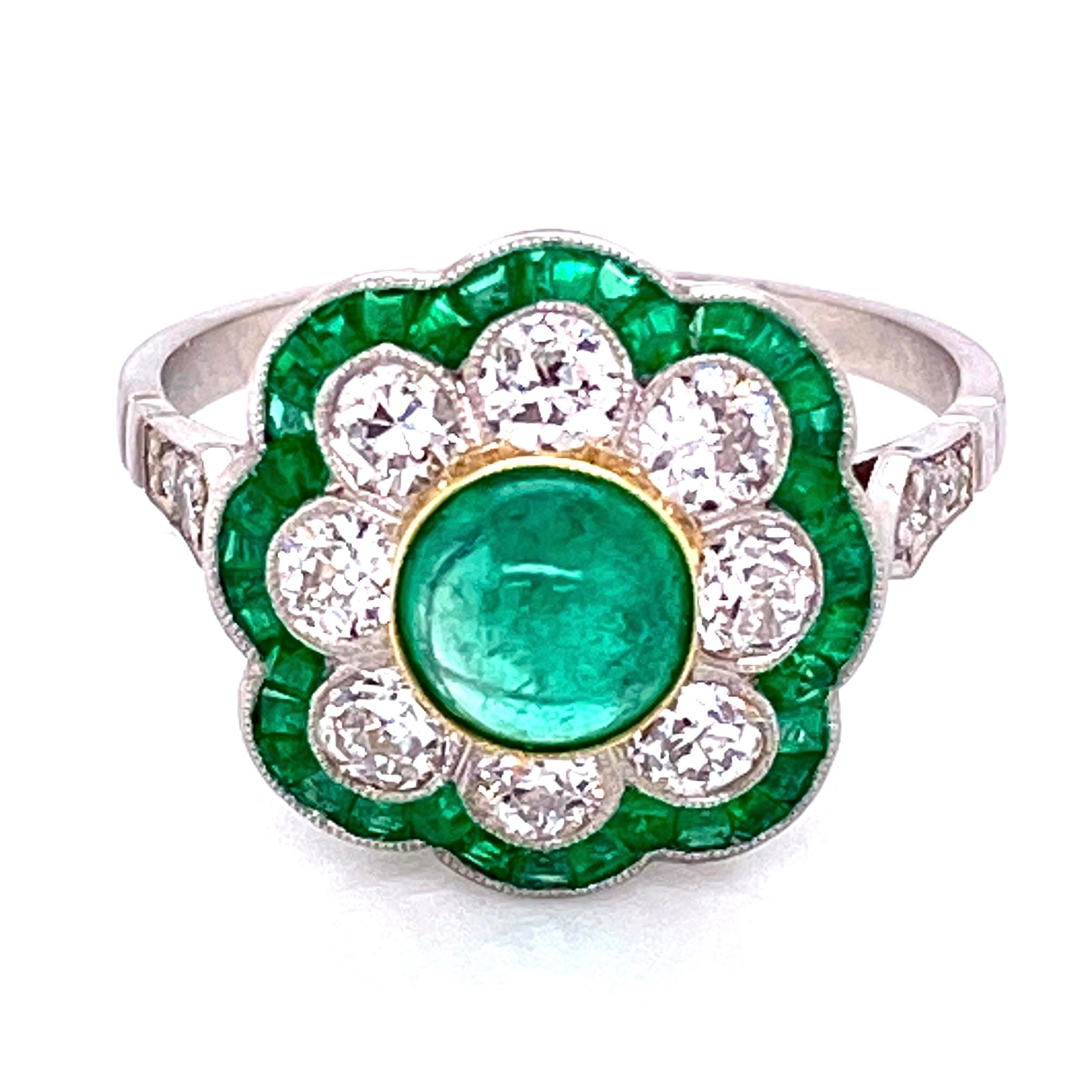 Art Deco Revival Emerald and Diamond Platinum Ring Estate Fine Jewelry 1