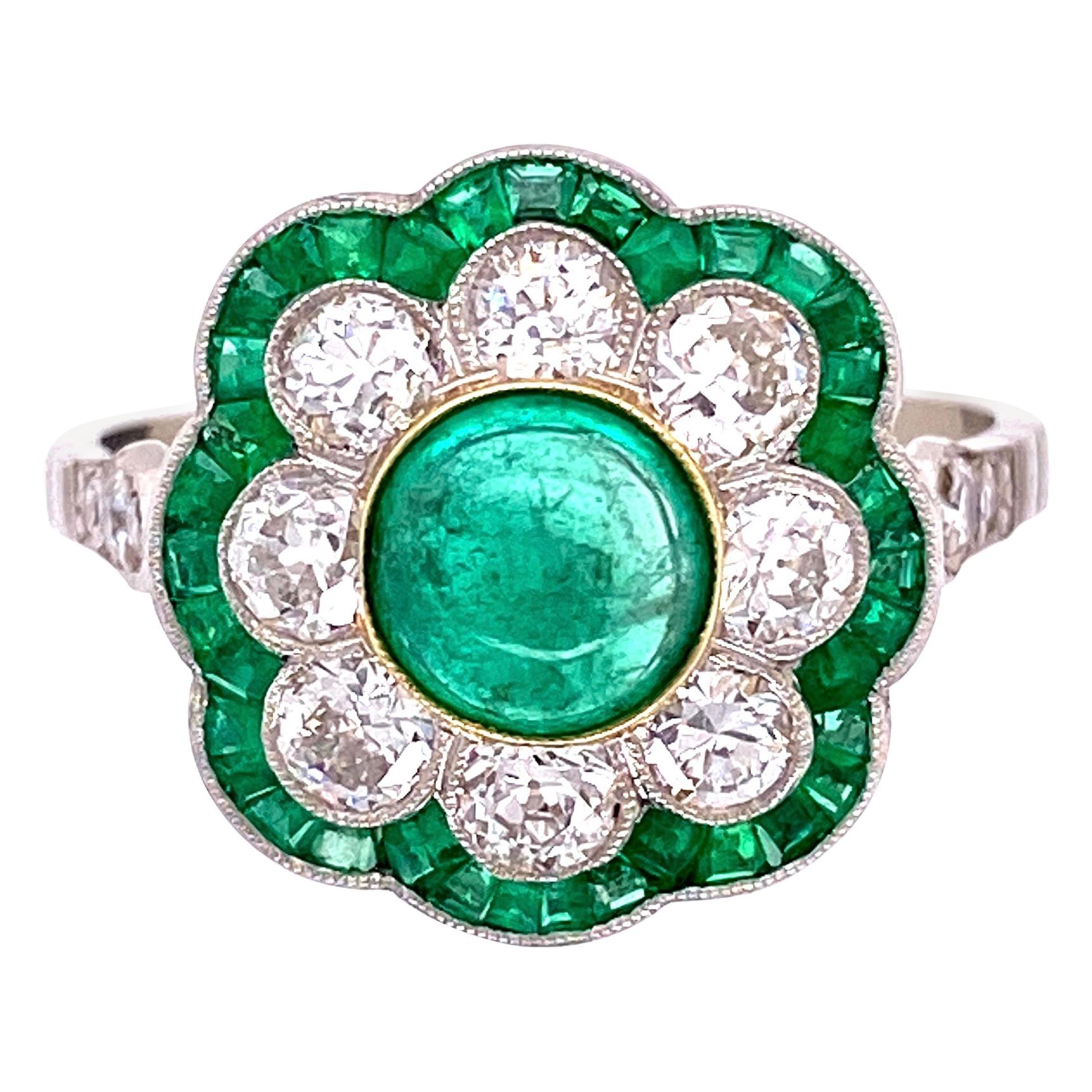 Art Deco Revival Emerald and Diamond Platinum Ring Estate Fine Jewelry