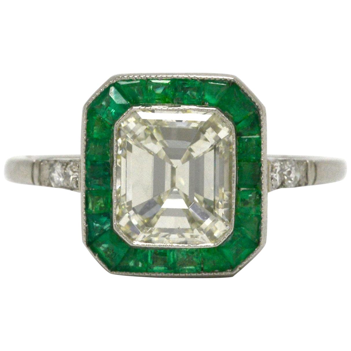 Art Deco Revival Emerald Cut Diamond Engagement Ring Platinum Halo 2 Carat