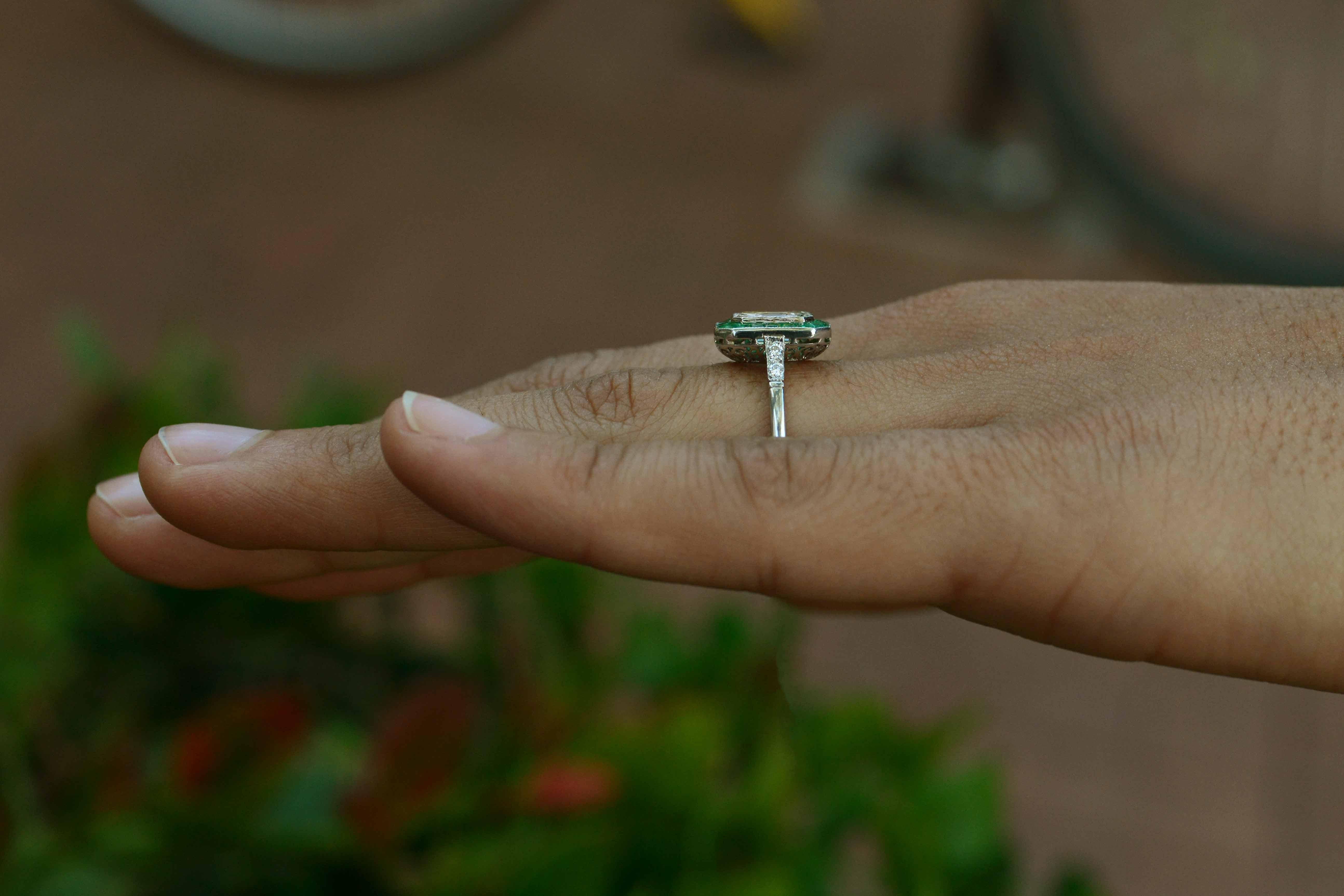 art deco emerald cut halo diamond engagement ring