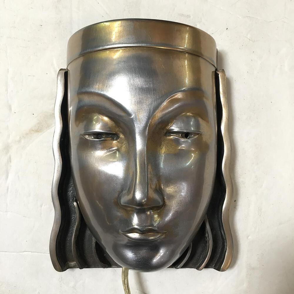 American Art Deco Revival Female Face Mask Light Up Wall Sconce, Pair