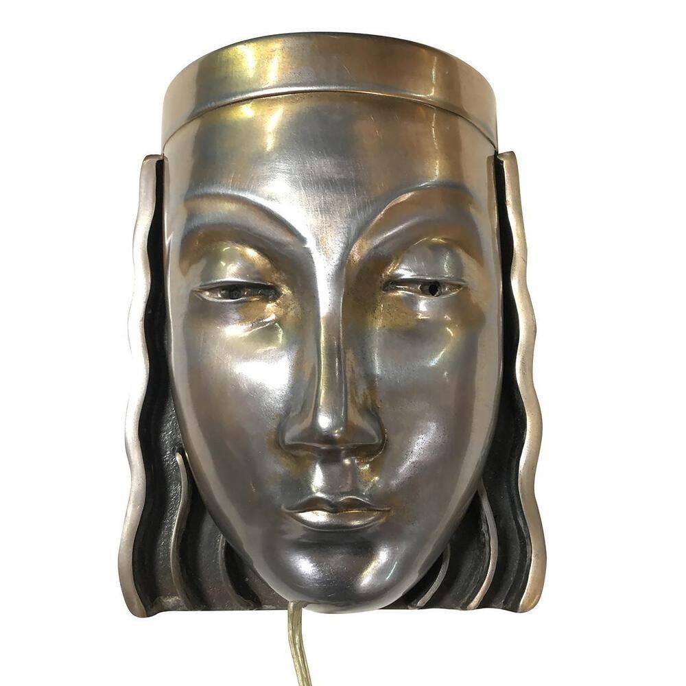 Art Deco Revival Female Face Mask Light Up Wall Sconce, Pair For Sale 2