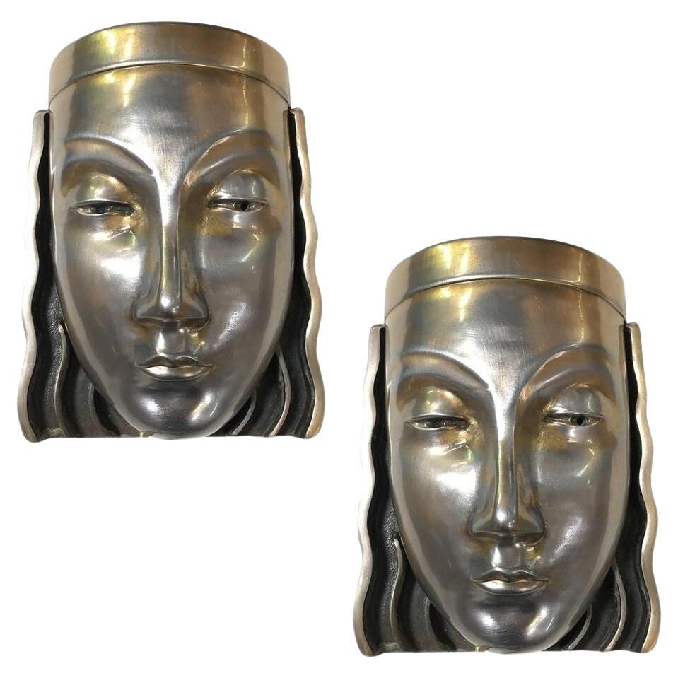 Art Deco Revival Female Face Mask Light Up Wall Sconce, Pair For Sale