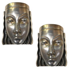 Vintage Art Deco Revival Female Face Mask Light Up Wall Sconce, Pair