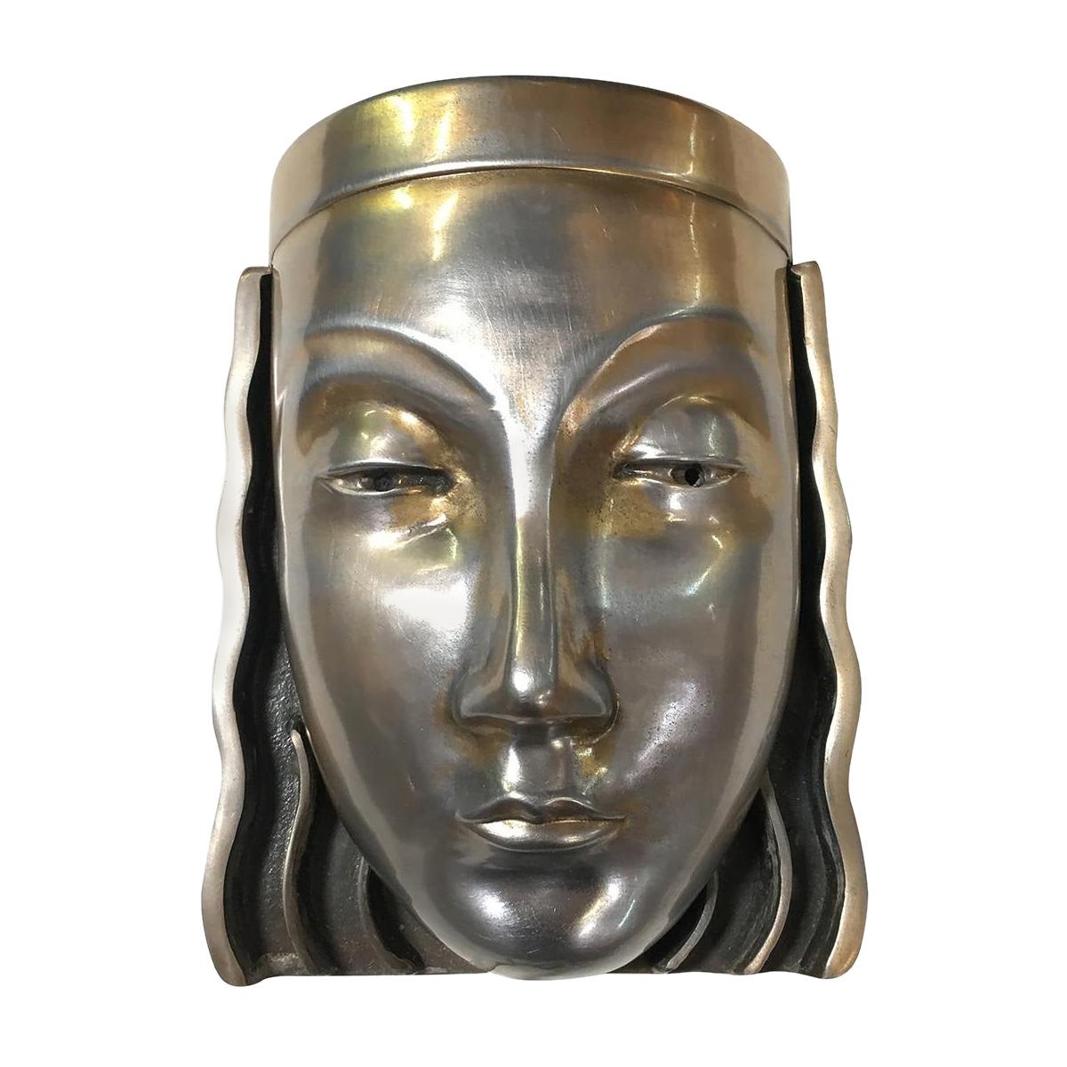 Art Deco Revival Female Face Mask Wall Sconce, Pair
