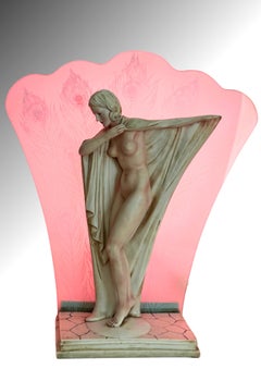 Art Deco Revival Figural Nude Table Lamp with Frosted Peacock Glass Shade