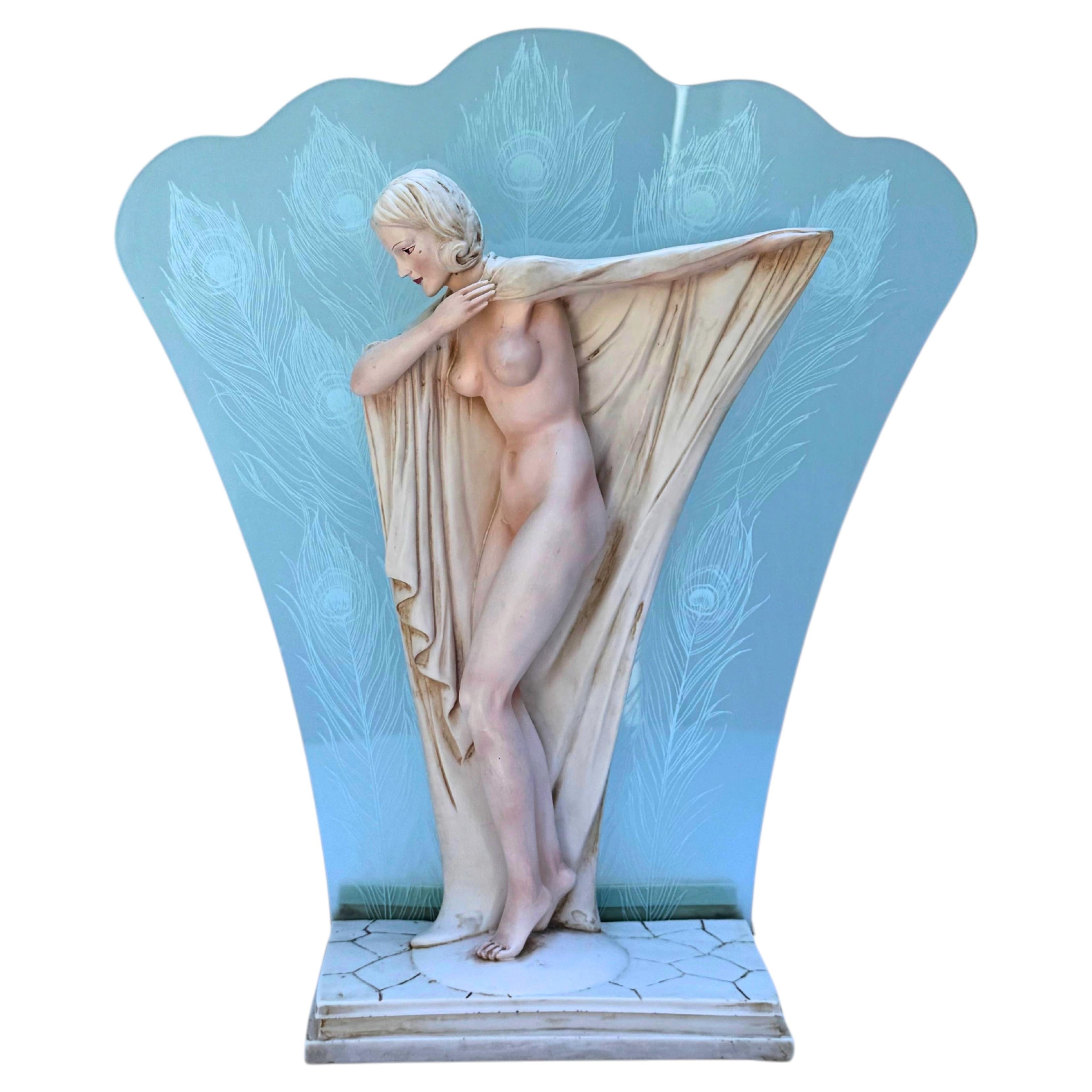 Art Deco Revival Figural Nude Table Lamp with Frosted Peacock Glass Shade For Sale