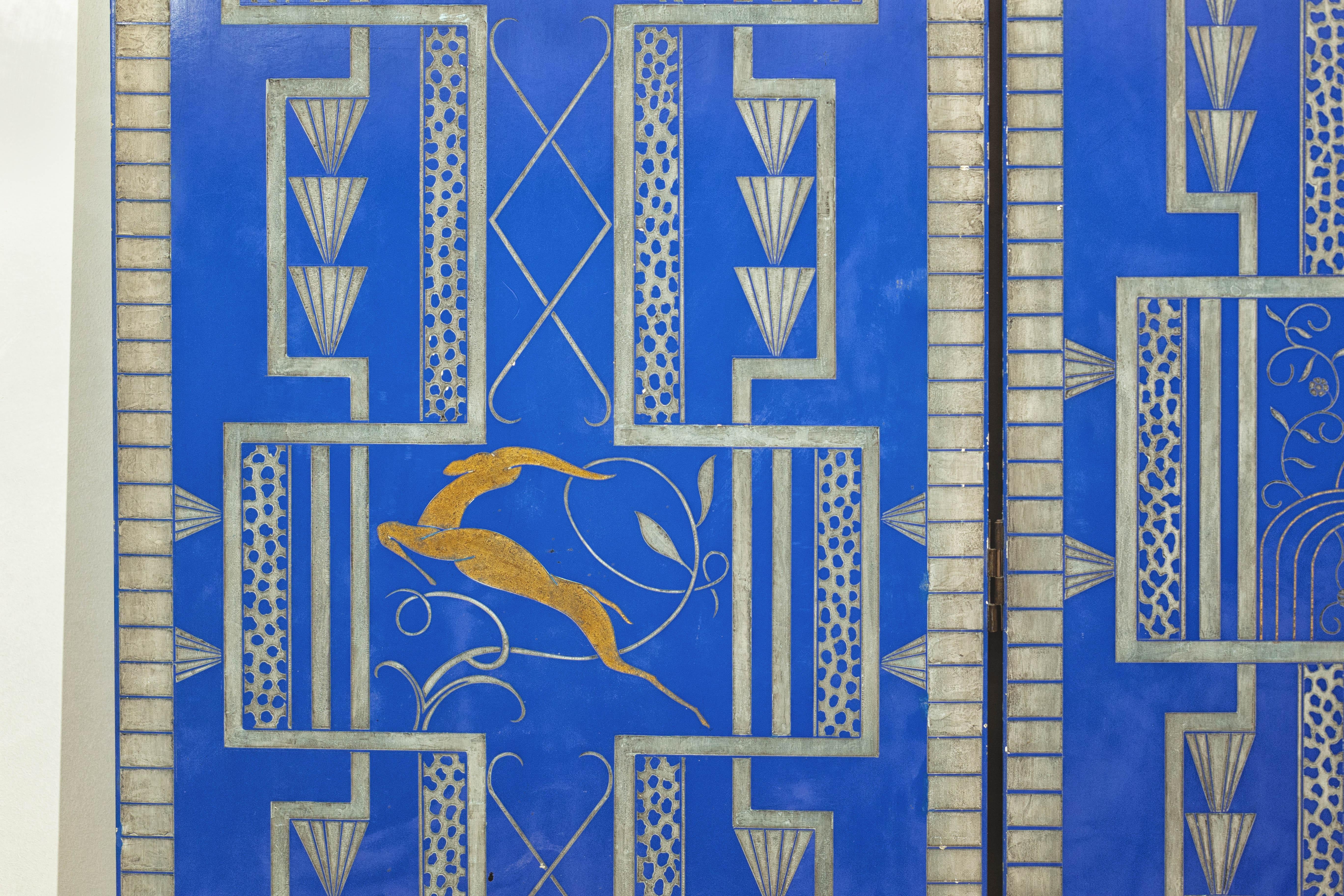 Art Deco Revival Folding Screen with Gilded Gazelles on Cobalt Blue Panels For Sale 3