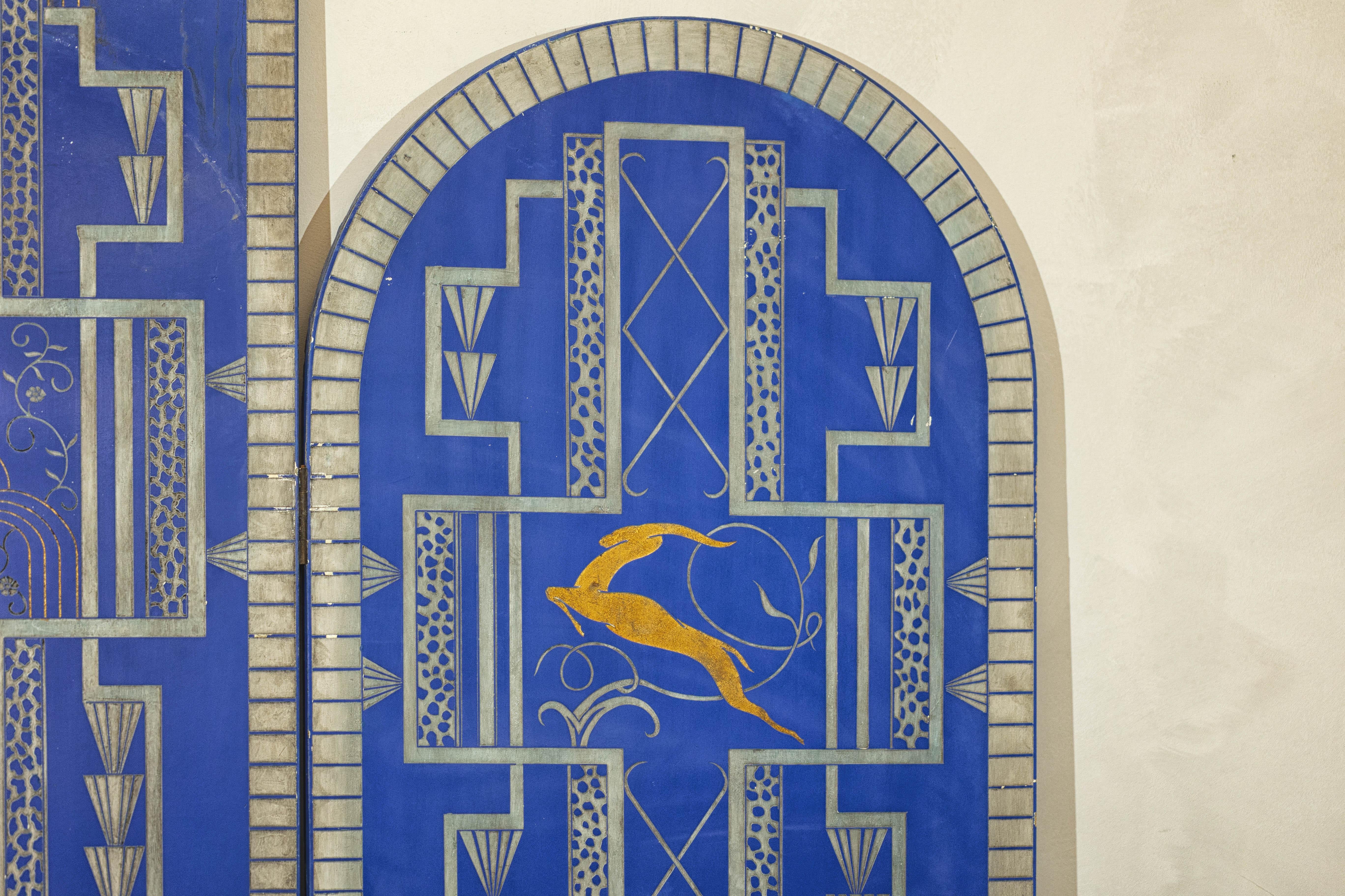 Art Deco Revival Folding Screen with Gilded Gazelles on Cobalt Blue Panels For Sale 5