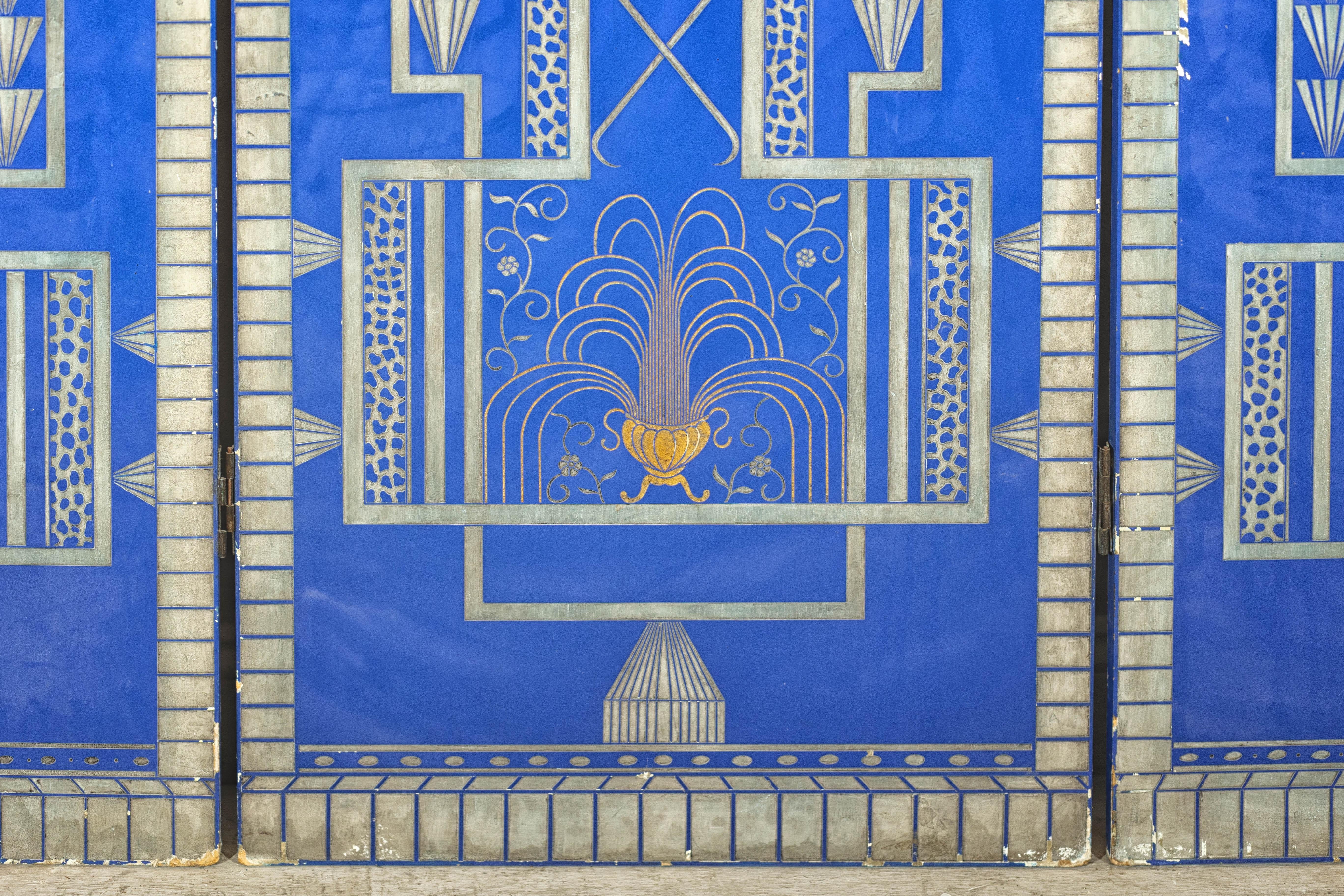 Art Deco Revival Folding Screen with Gilded Gazelles on Cobalt Blue Panels For Sale 6
