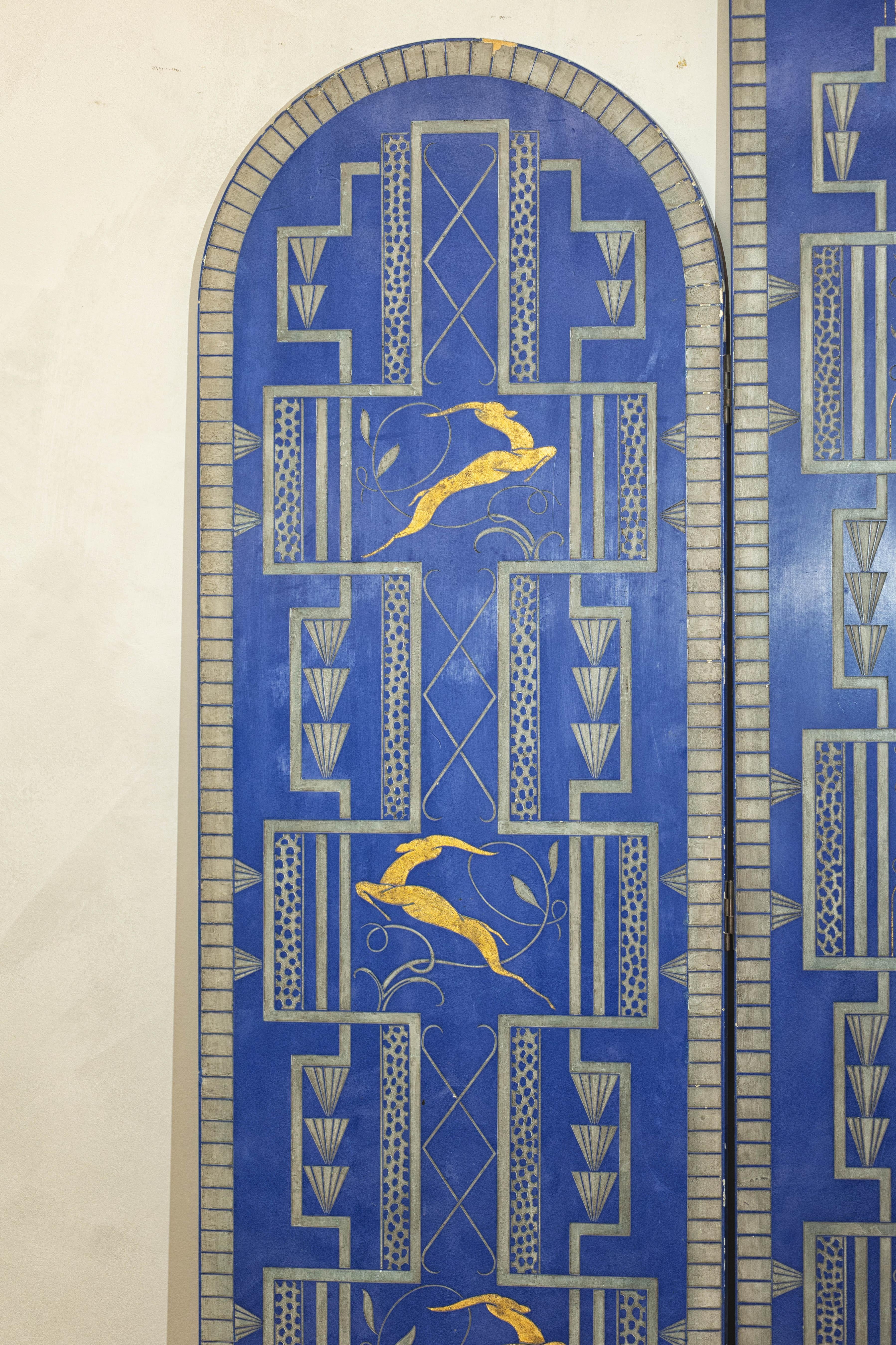 Art Deco Revival Folding Screen with Gilded Gazelles on Cobalt Blue Panels For Sale 7