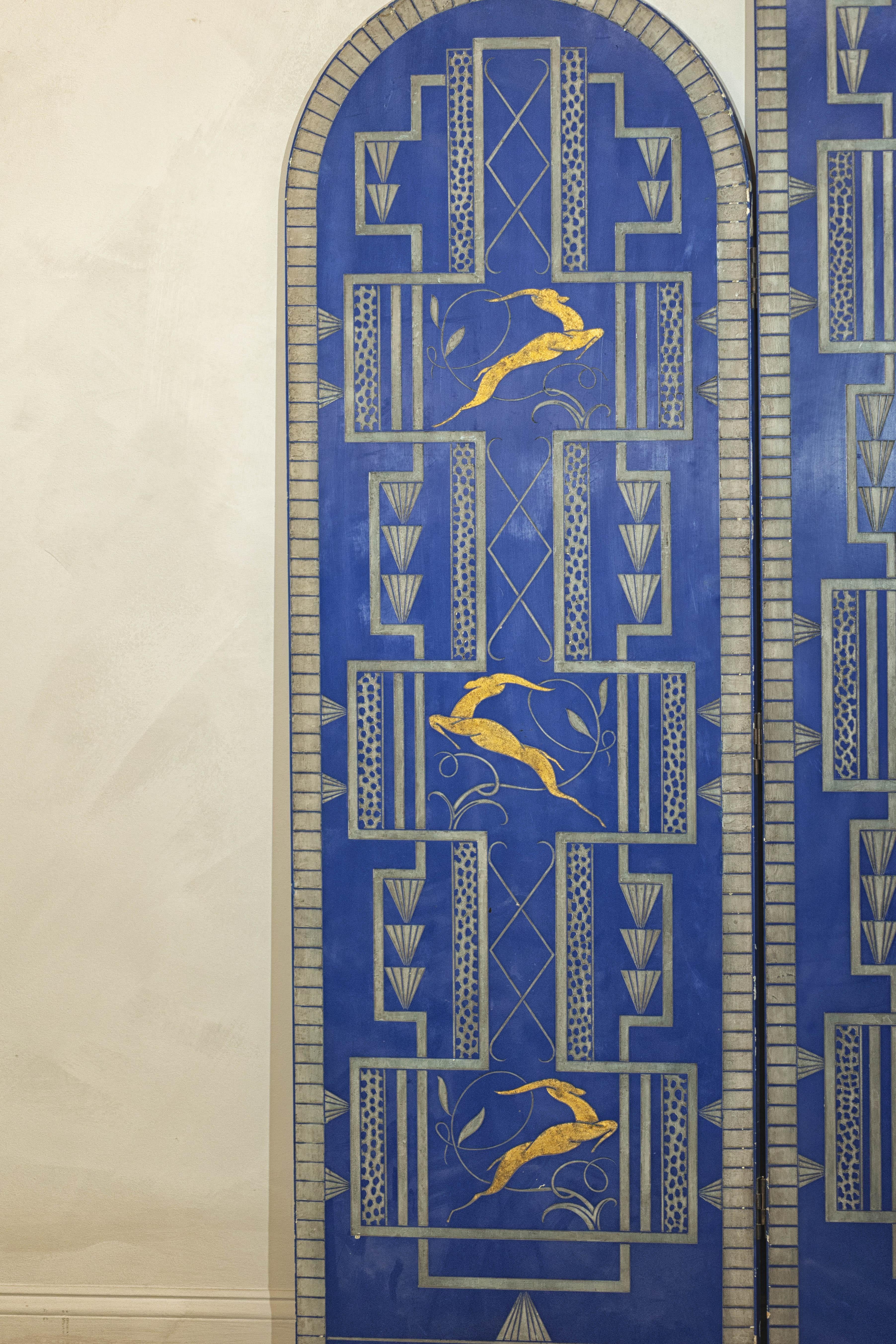 Art Deco Revival Folding Screen with Gilded Gazelles on Cobalt Blue Panels For Sale 8