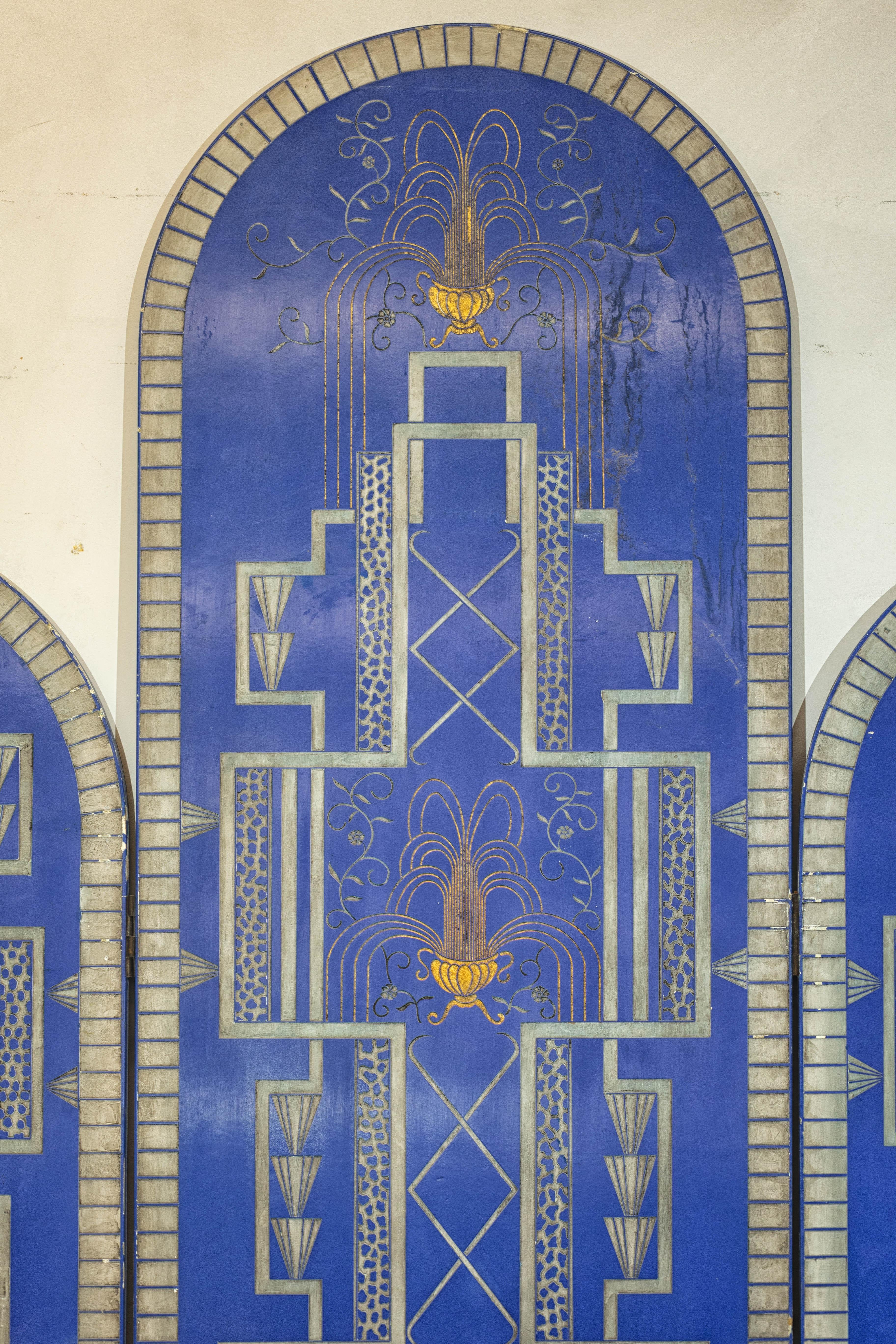 Art Deco Revival Folding Screen with Gilded Gazelles on Cobalt Blue Panels For Sale 9