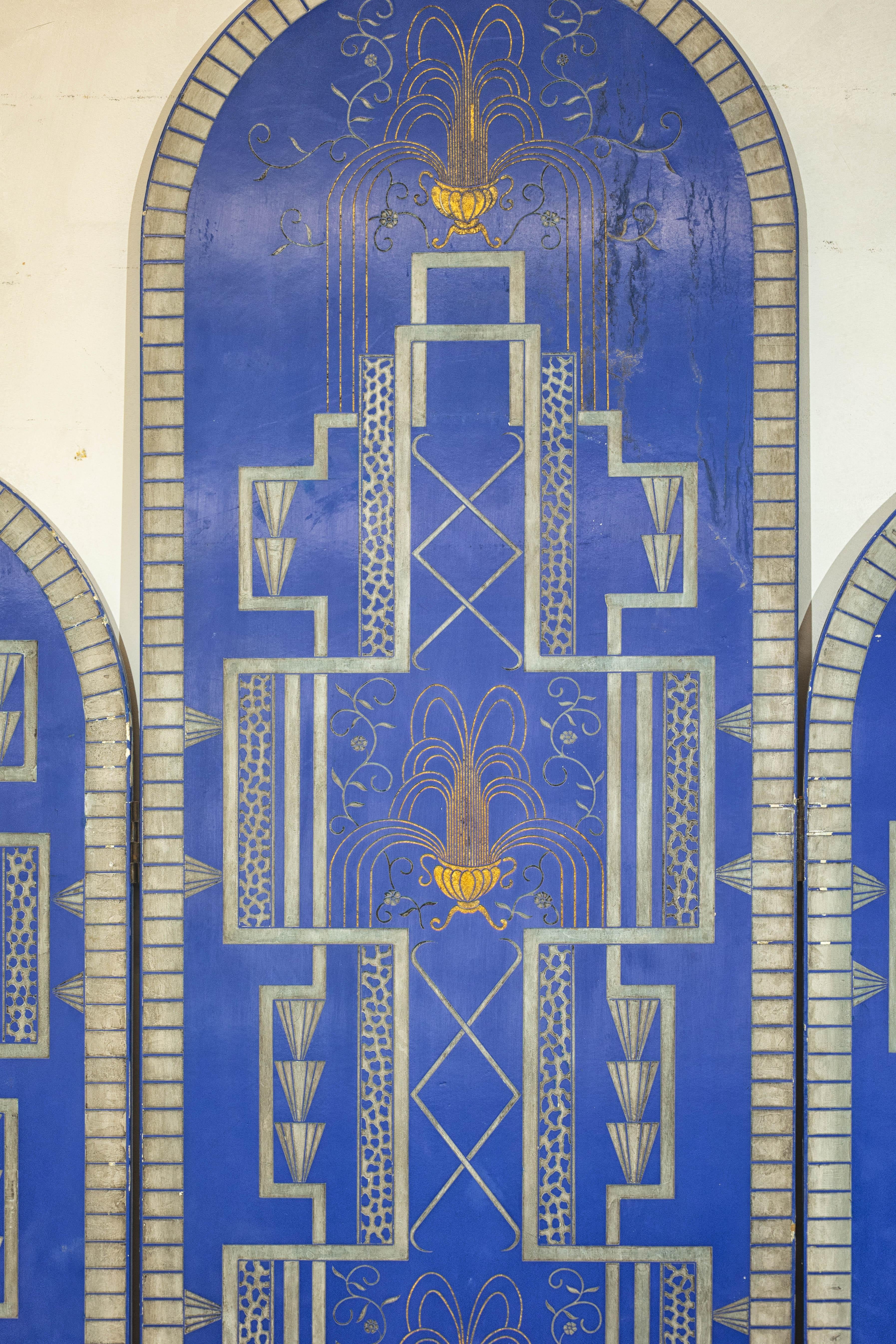 Art Deco Revival Folding Screen with Gilded Gazelles on Cobalt Blue Panels For Sale 10