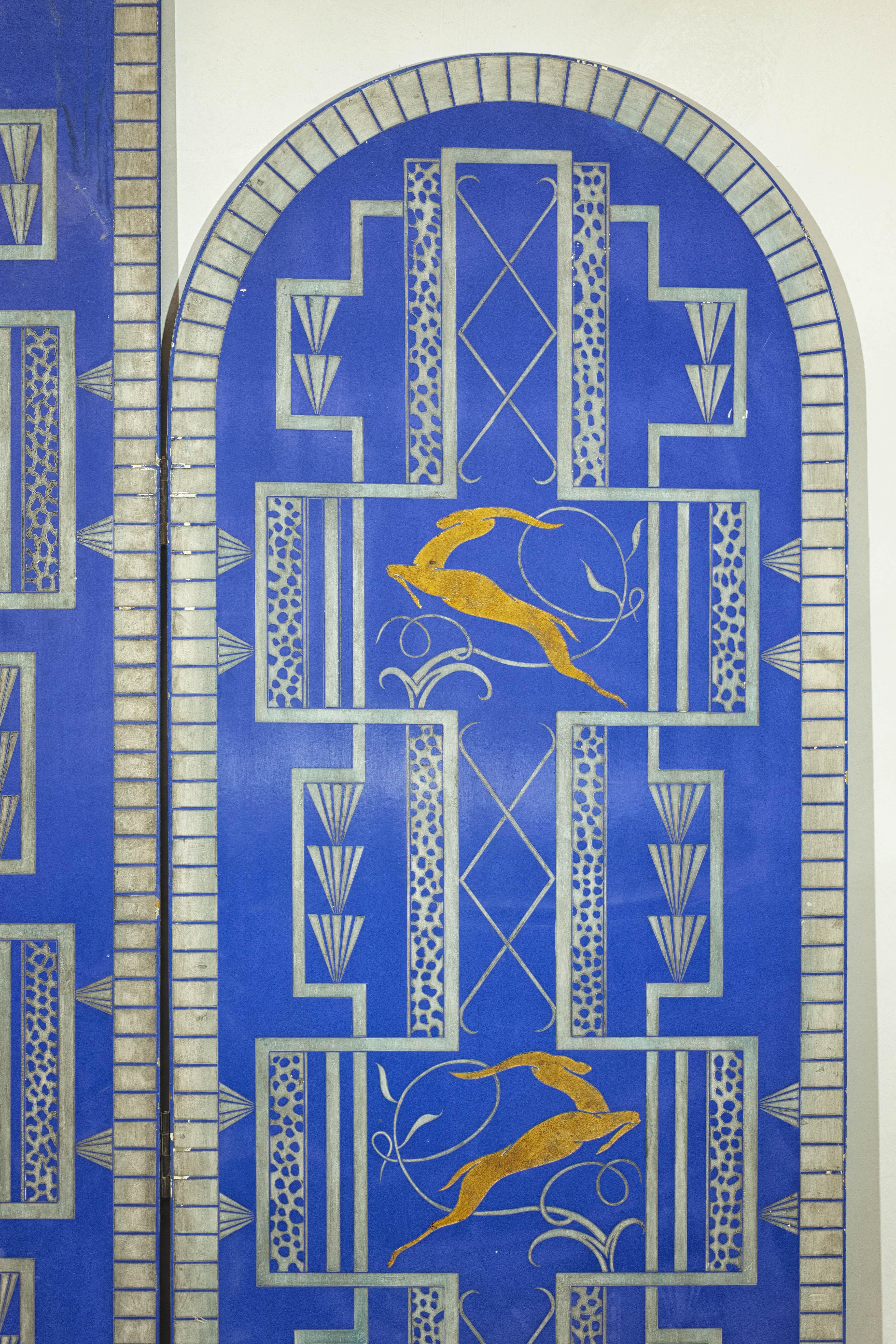 Art Deco Revival Folding Screen with Gilded Gazelles on Cobalt Blue Panels For Sale 11