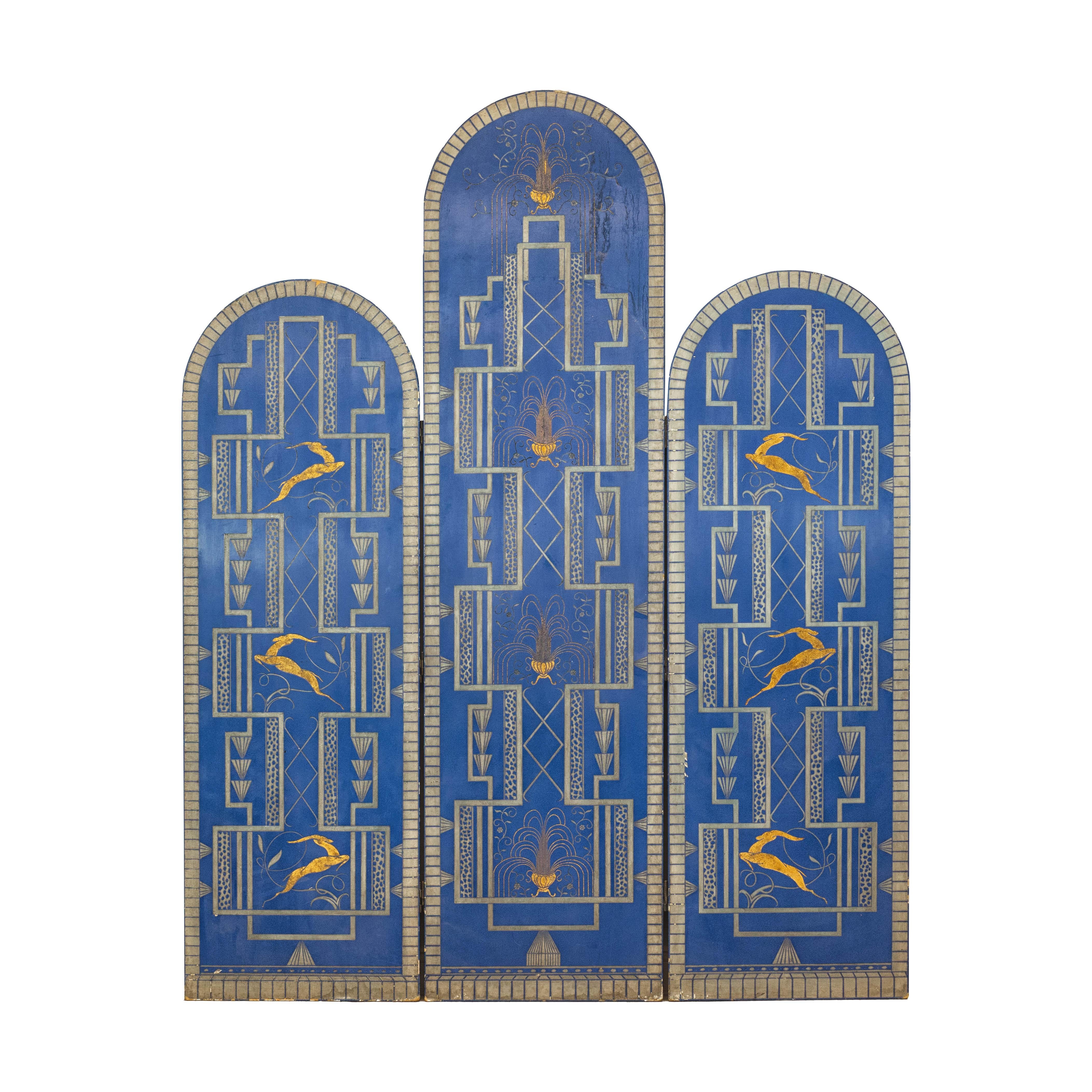 Art Deco Revival Folding Screen with Gilded Gazelles on Cobalt Blue Panels For Sale 12