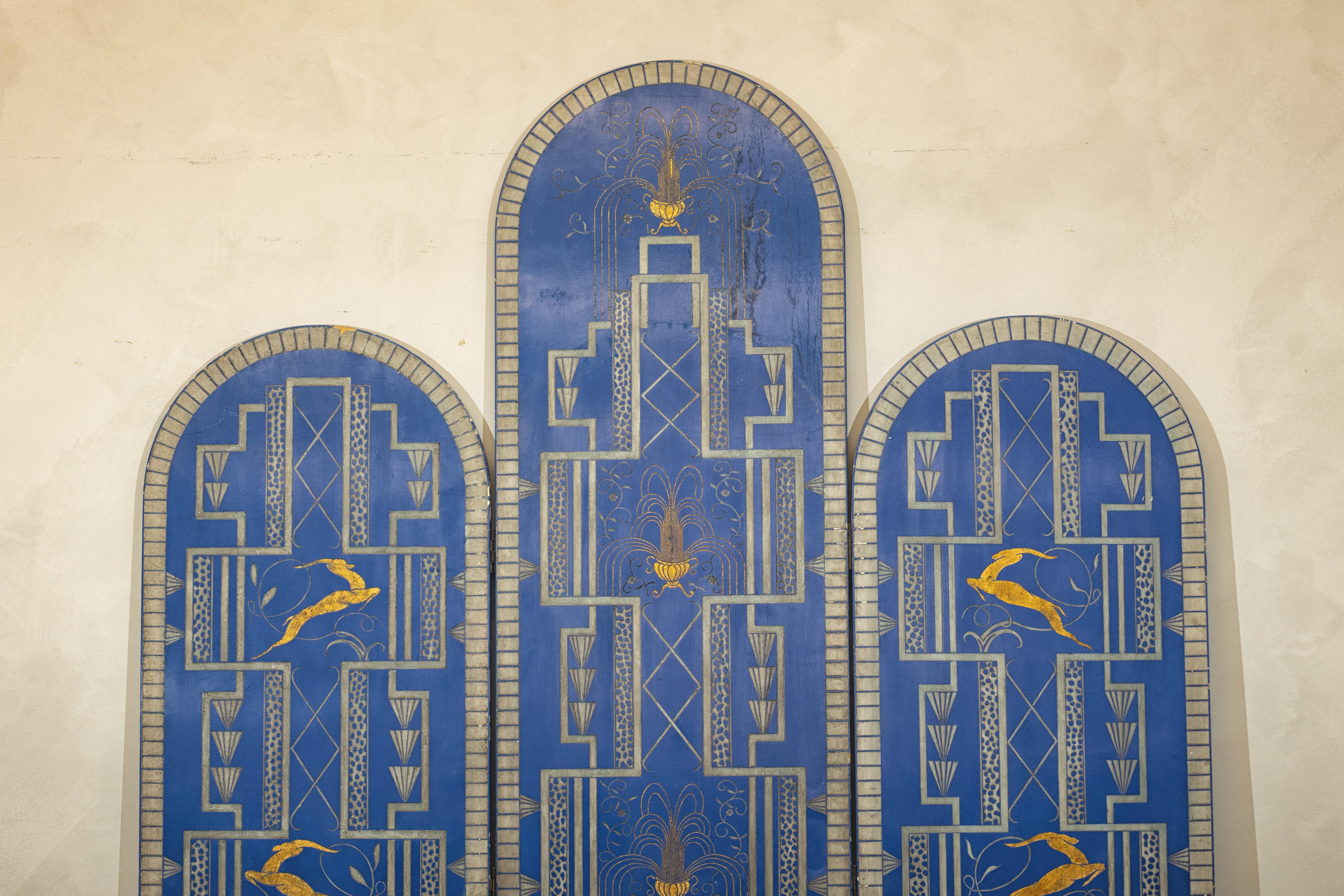 Chinese Art Deco Revival Folding Screen with Gilded Gazelles on Cobalt Blue Panels For Sale