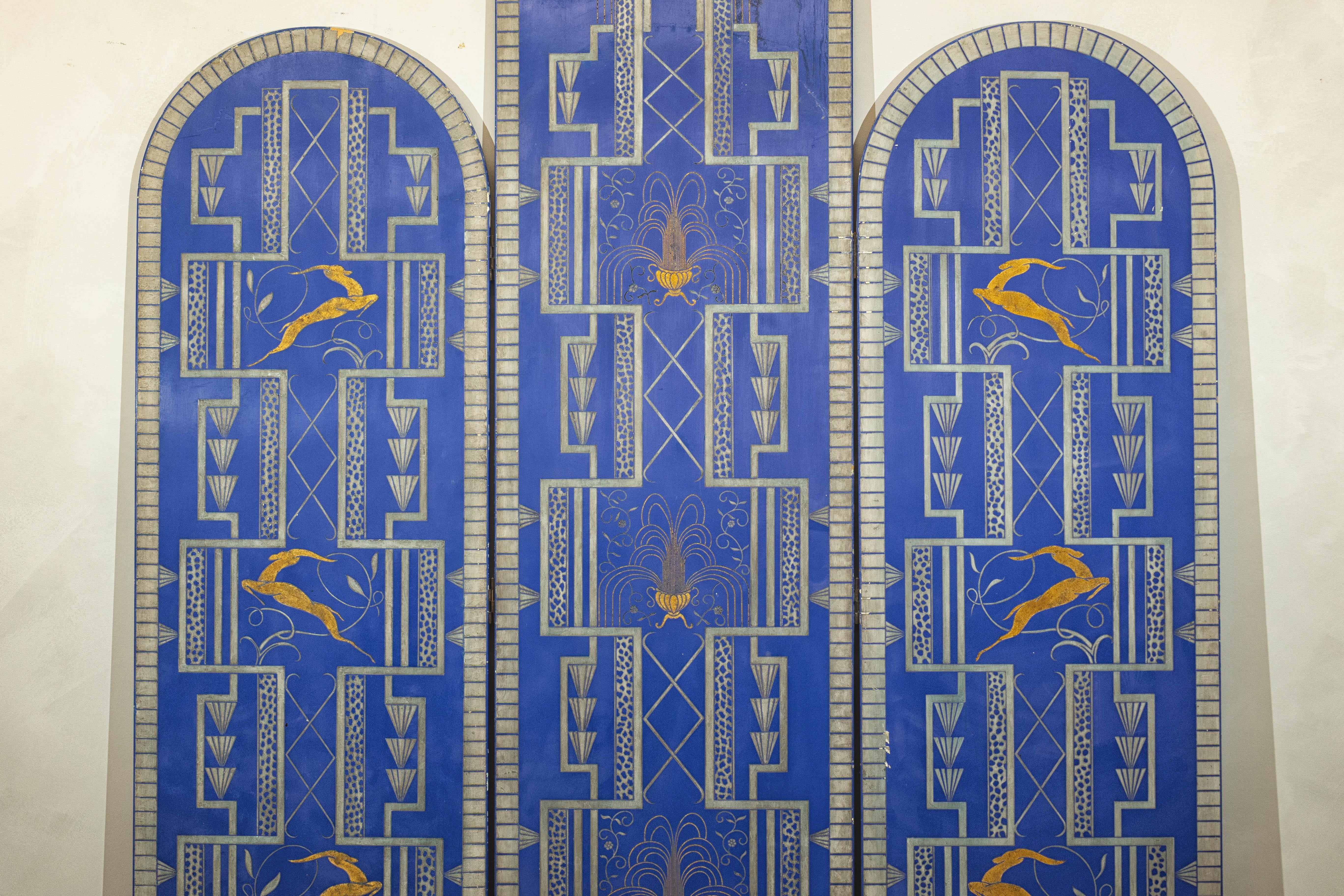 Gilt Art Deco Revival Folding Screen with Gilded Gazelles on Cobalt Blue Panels For Sale