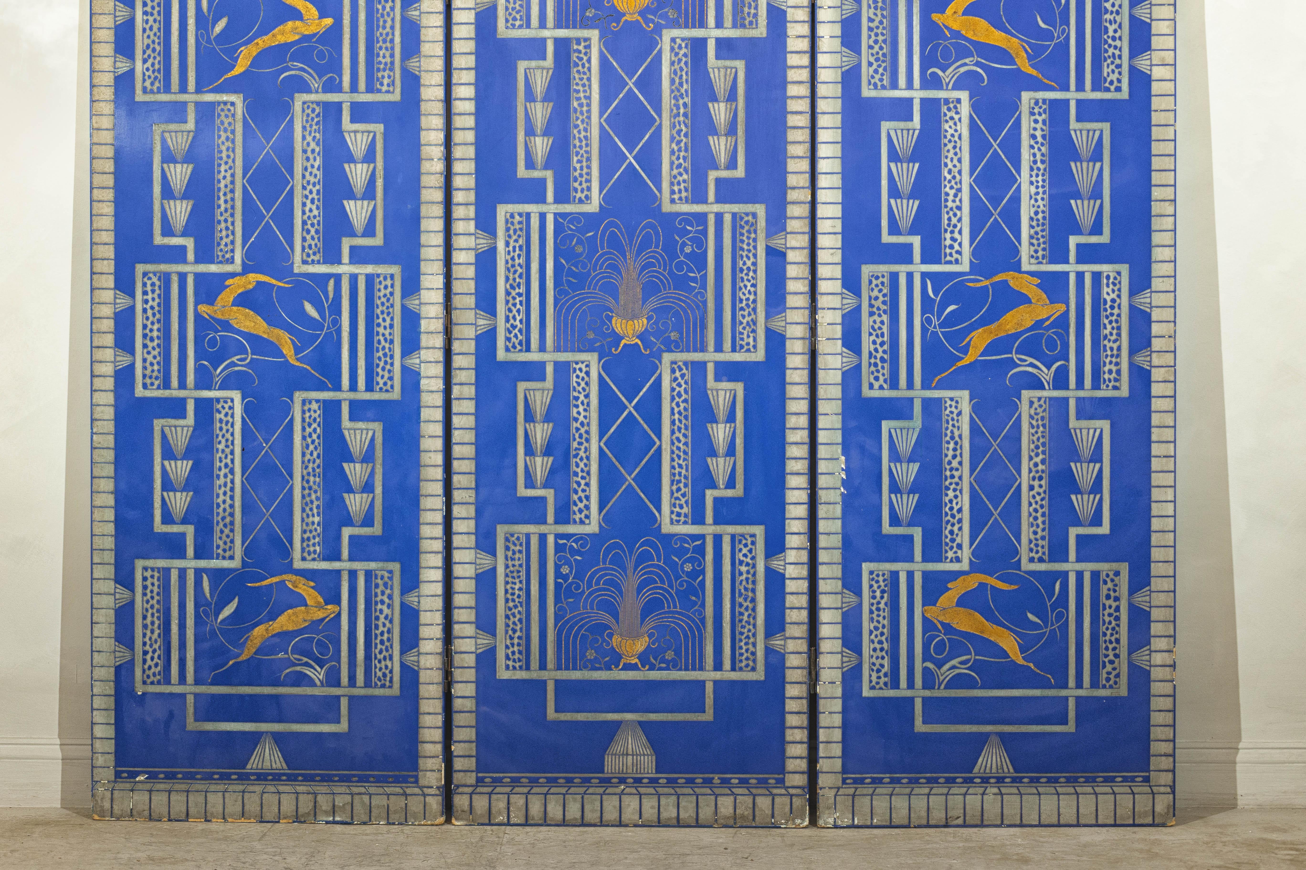 Art Deco Revival Folding Screen with Gilded Gazelles on Cobalt Blue Panels In Good Condition For Sale In Yonkers, NY