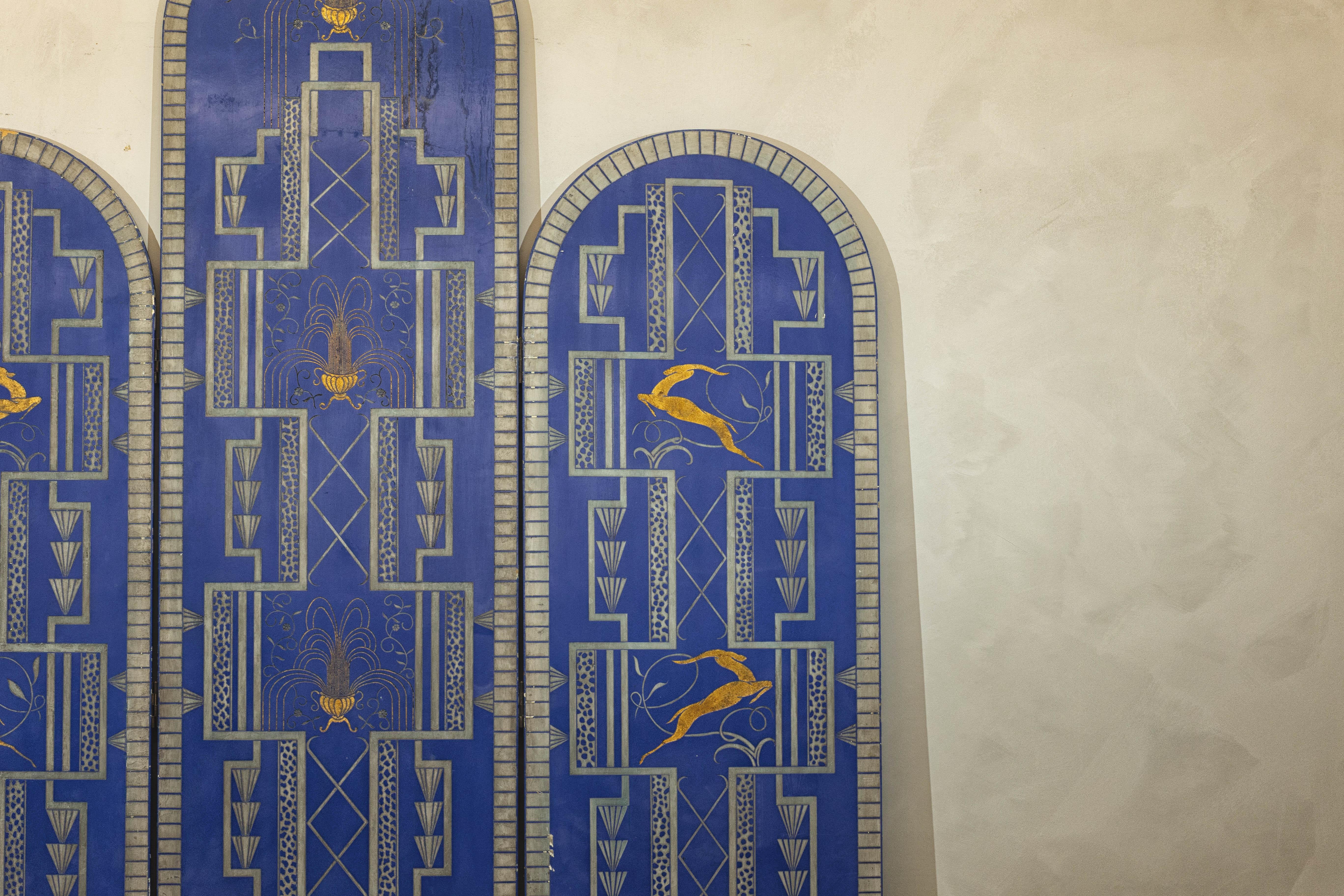 20th Century Art Deco Revival Folding Screen with Gilded Gazelles on Cobalt Blue Panels For Sale