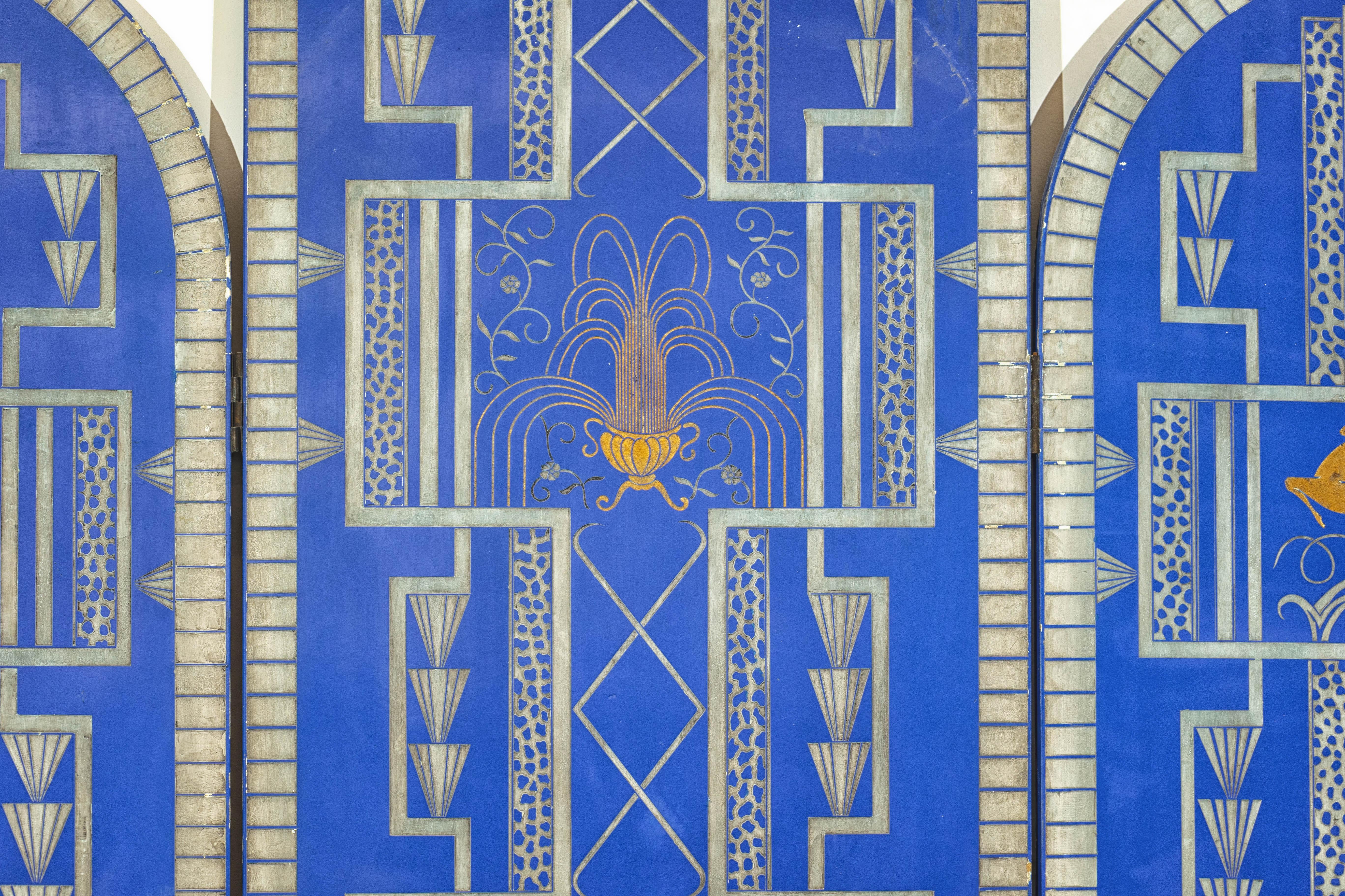 Art Deco Revival Folding Screen with Gilded Gazelles on Cobalt Blue Panels For Sale 1