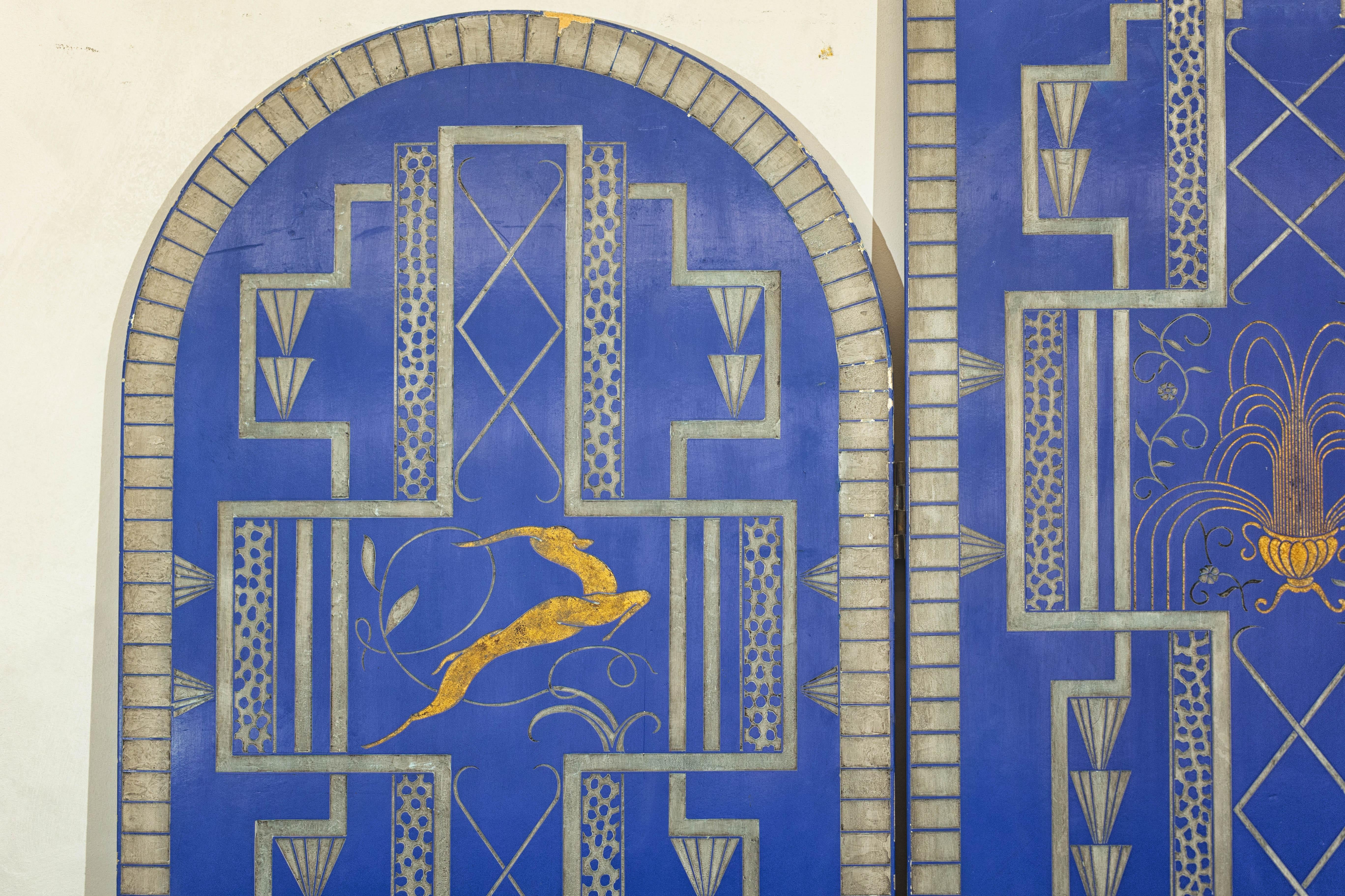 Art Deco Revival Folding Screen with Gilded Gazelles on Cobalt Blue Panels For Sale 2