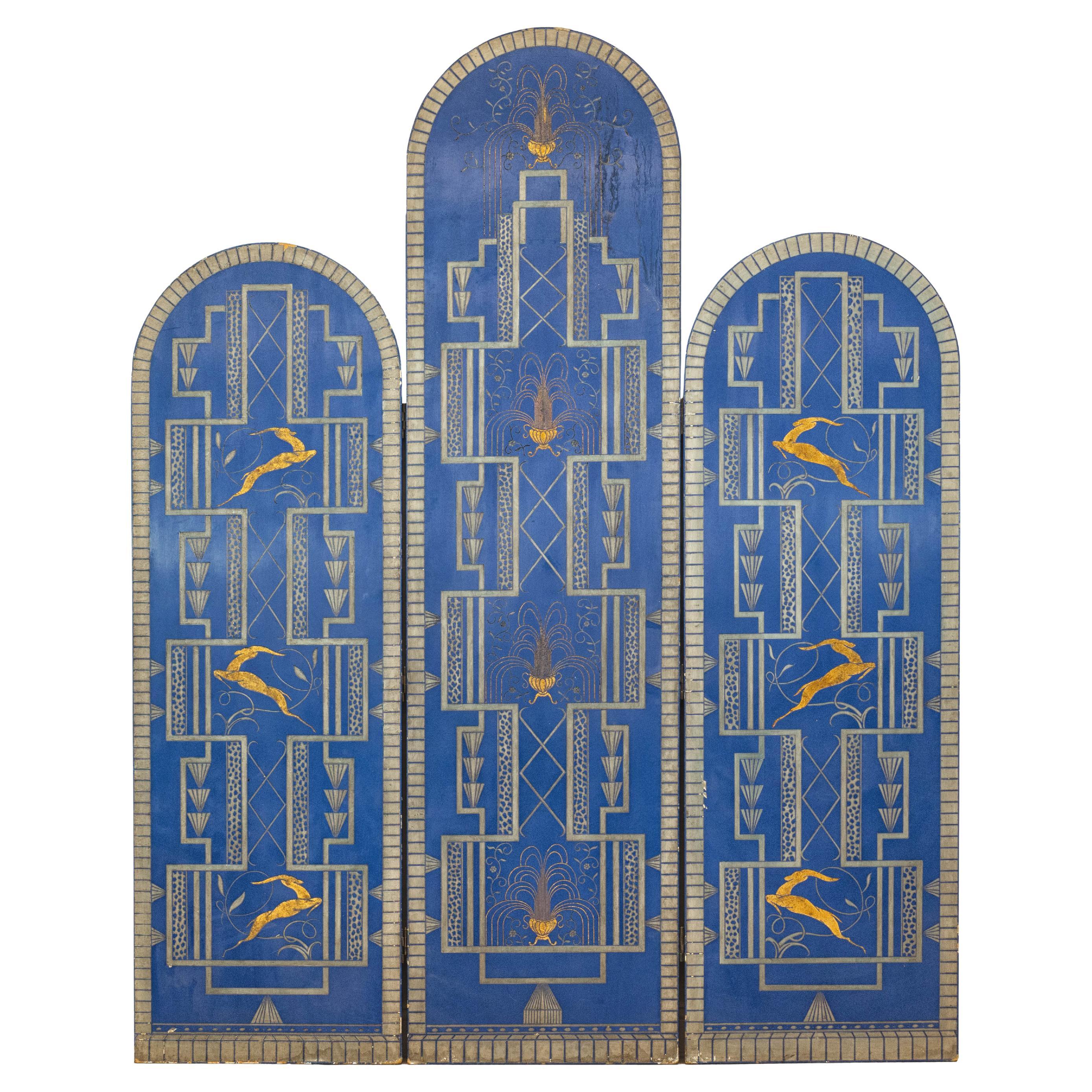 Art Deco Revival Folding Screen with Gilded Gazelles on Cobalt Blue Panels For Sale