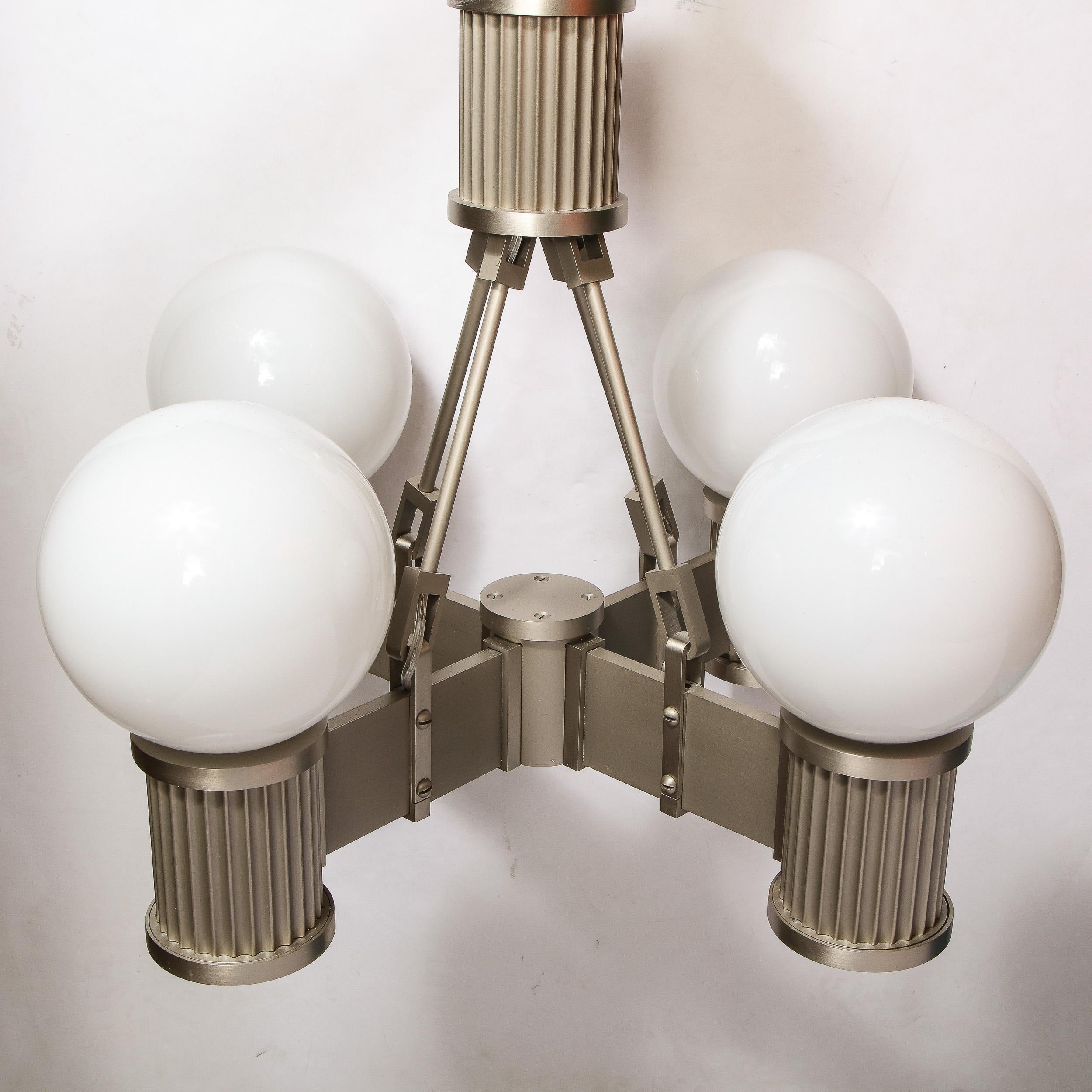 Art Deco Revival Four Arm Brushed Nickel & Frosted Glass Chandelier For Sale 5