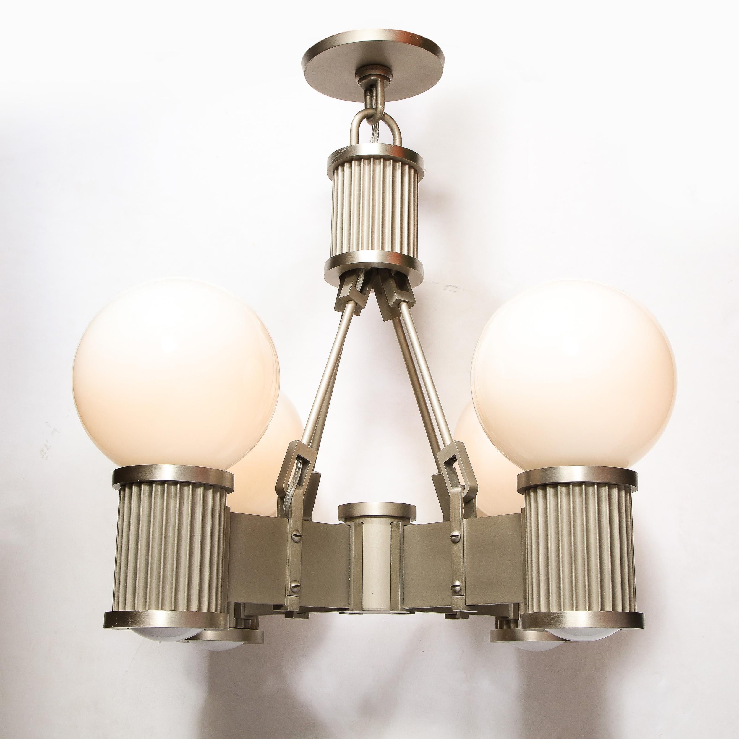 20th Century Art Deco Revival Four Arm Brushed Nickel & Frosted Glass Chandelier For Sale