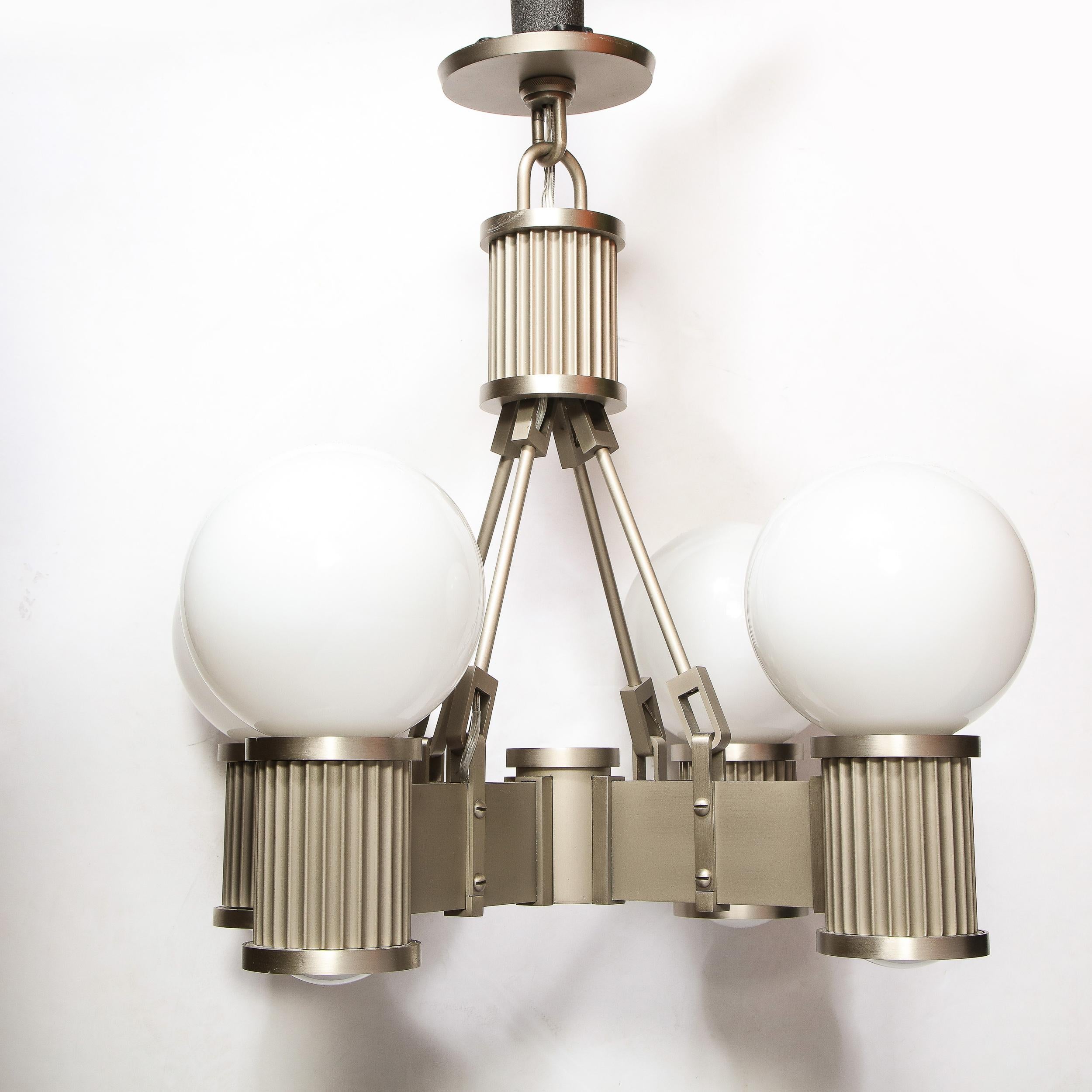 Art Deco Revival Four Arm Brushed Nickel & Frosted Glass Chandelier For Sale 2