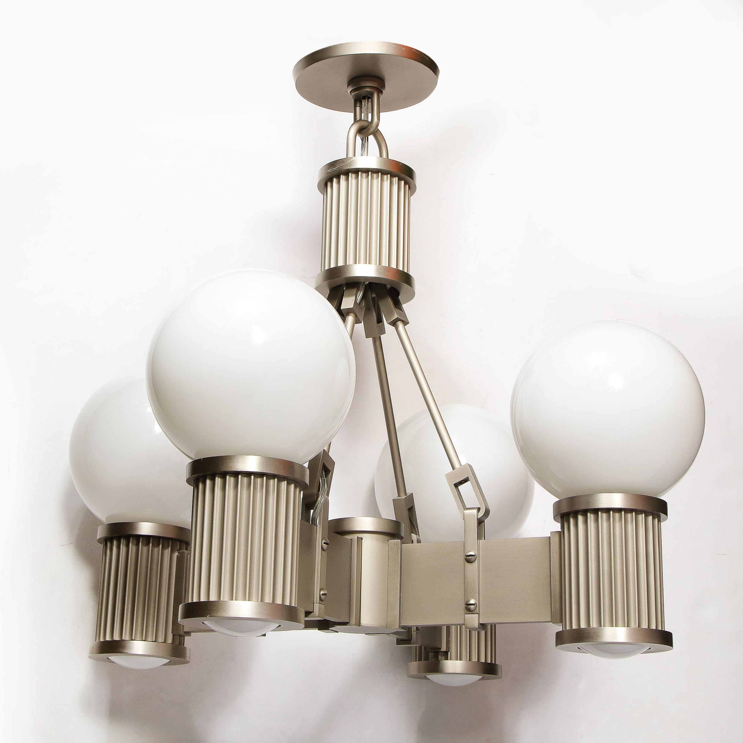 Art Deco Revival Four Arm Brushed Nickel & Frosted Glass Chandelier For Sale 3