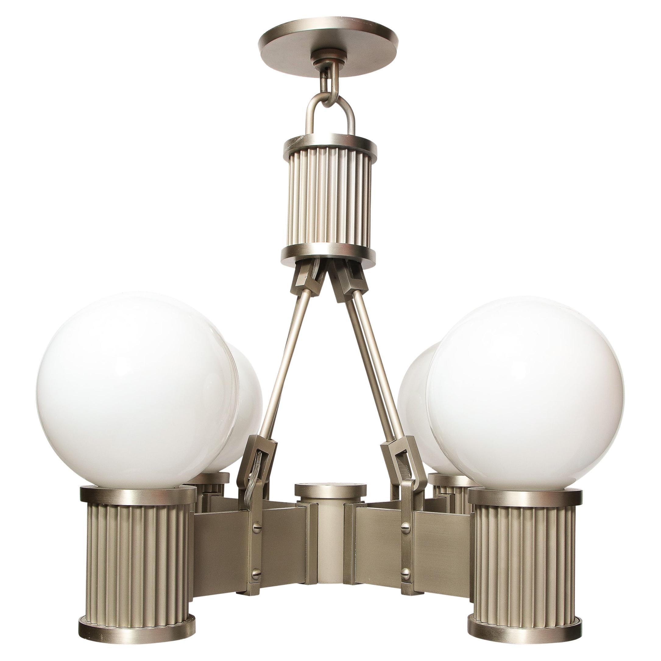 Art Deco Revival Four Arm Brushed Nickel & Frosted Glass Chandelier For Sale