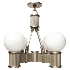 Art Deco Revival Four Arm Brushed Nickel & Frosted Glass Chandelier