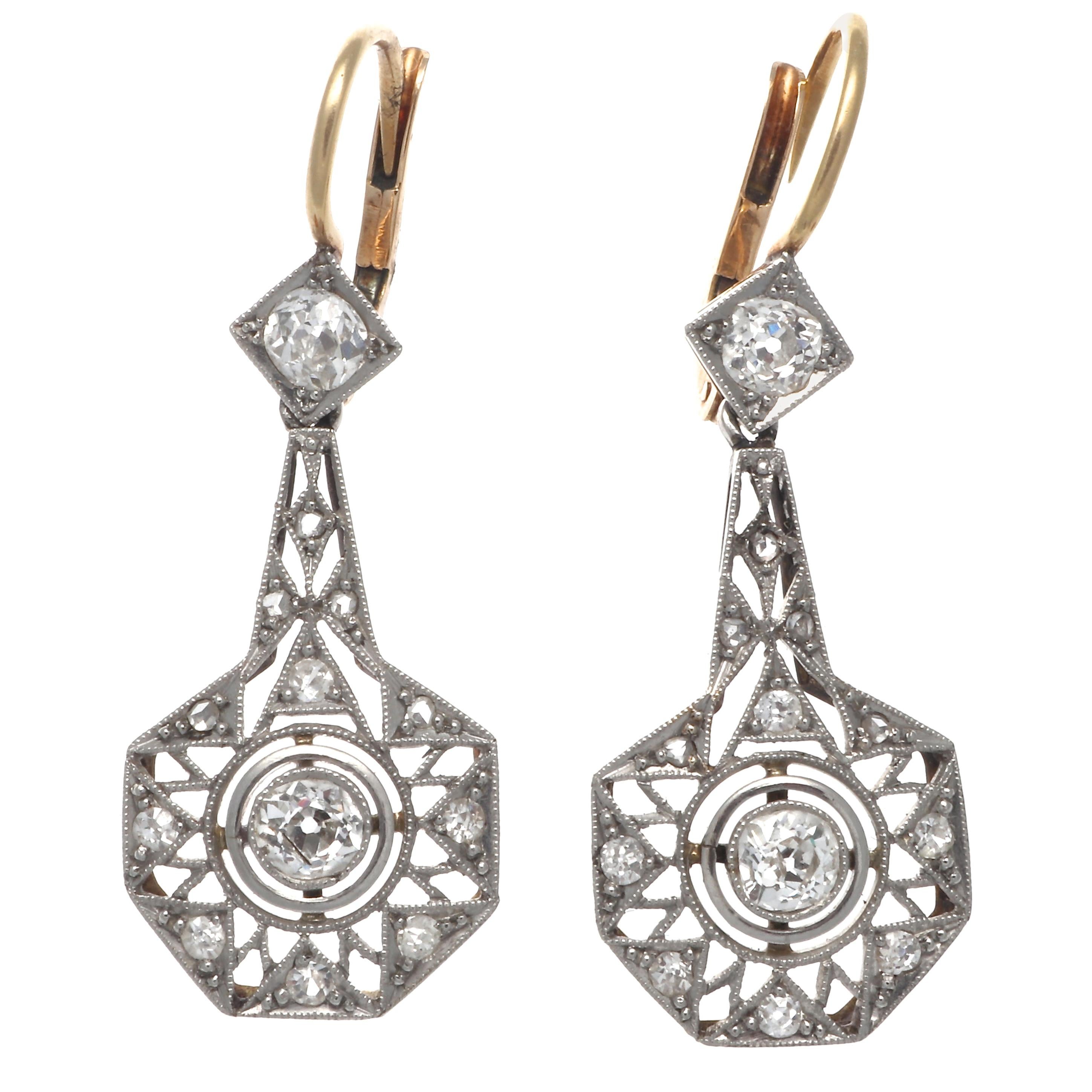 Art Deco Style Geometric Platinum 18 Karat Earrings