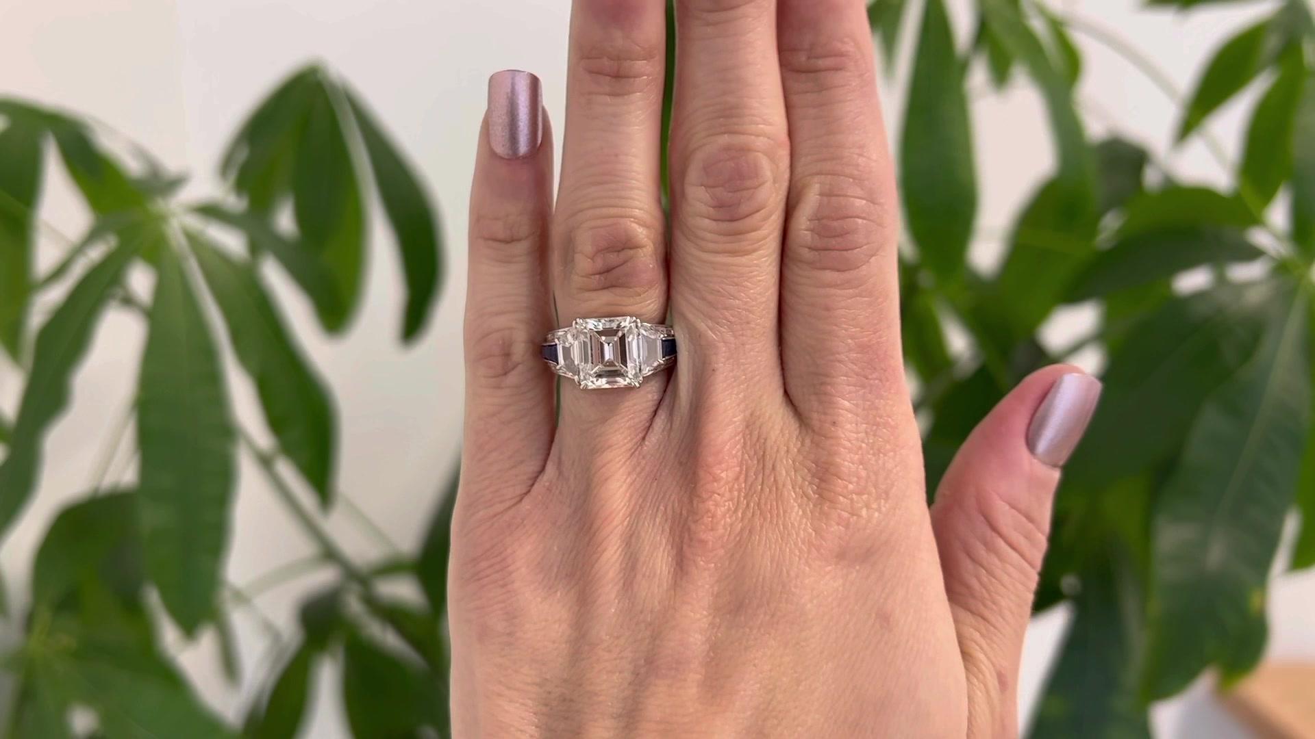 Vintage GIA 4.61 Carat Emerald Cut Diamond Sapphire Platinum Ring In Excellent Condition In Beverly Hills, CA