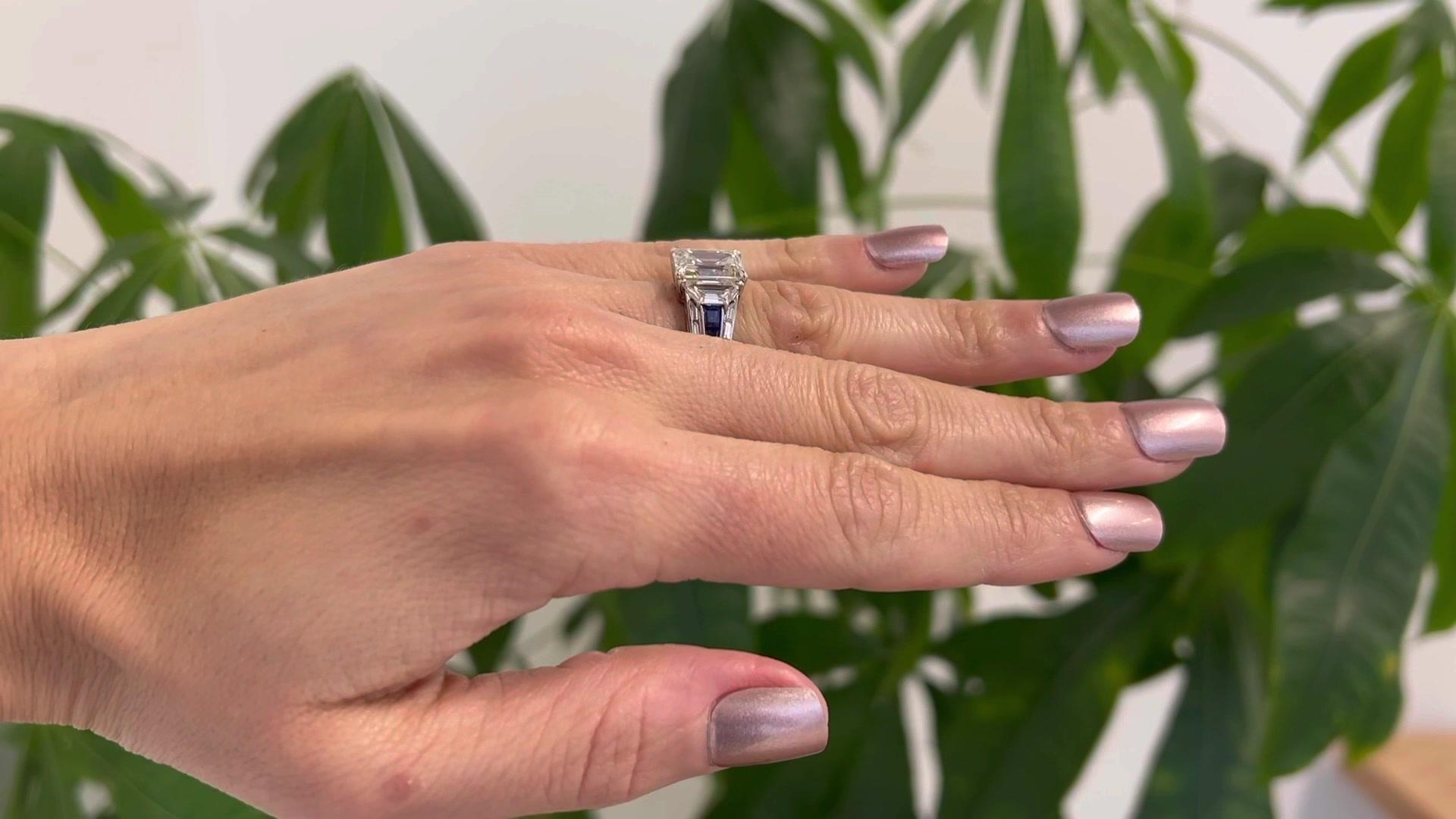 Women's or Men's Vintage GIA 4.61 Carat Emerald Cut Diamond Sapphire Platinum Ring