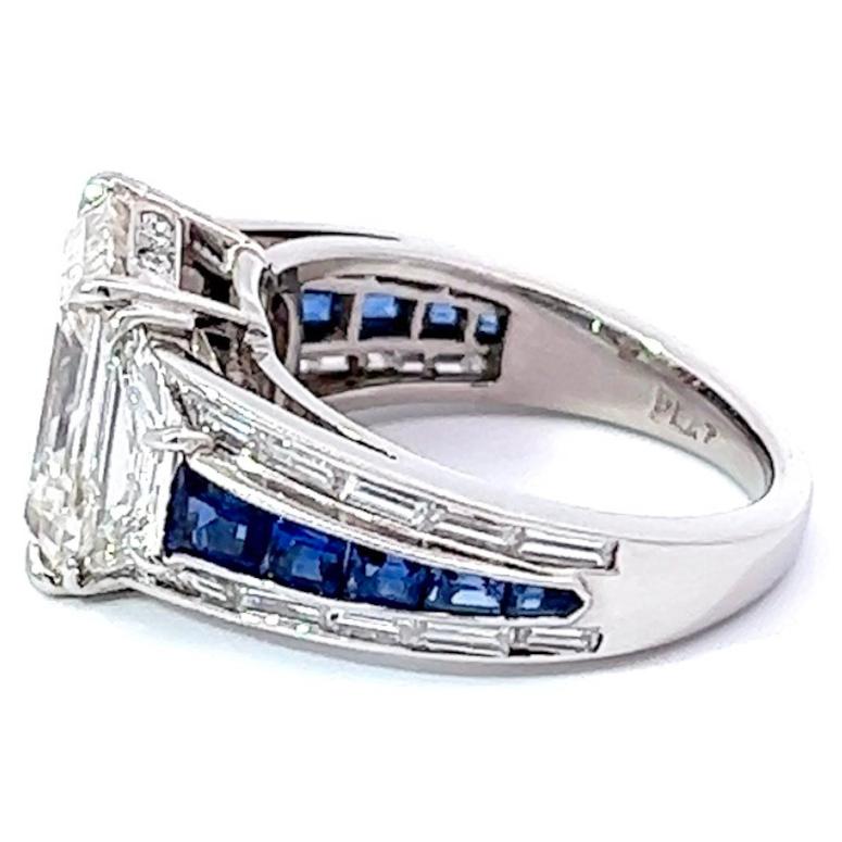 Vintage GIA 4.61 Carat Emerald Cut Diamond Sapphire Platinum Ring 1