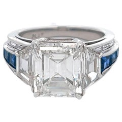 Retro GIA 4.61 Carat Emerald Cut Diamond Sapphire Platinum Ring
