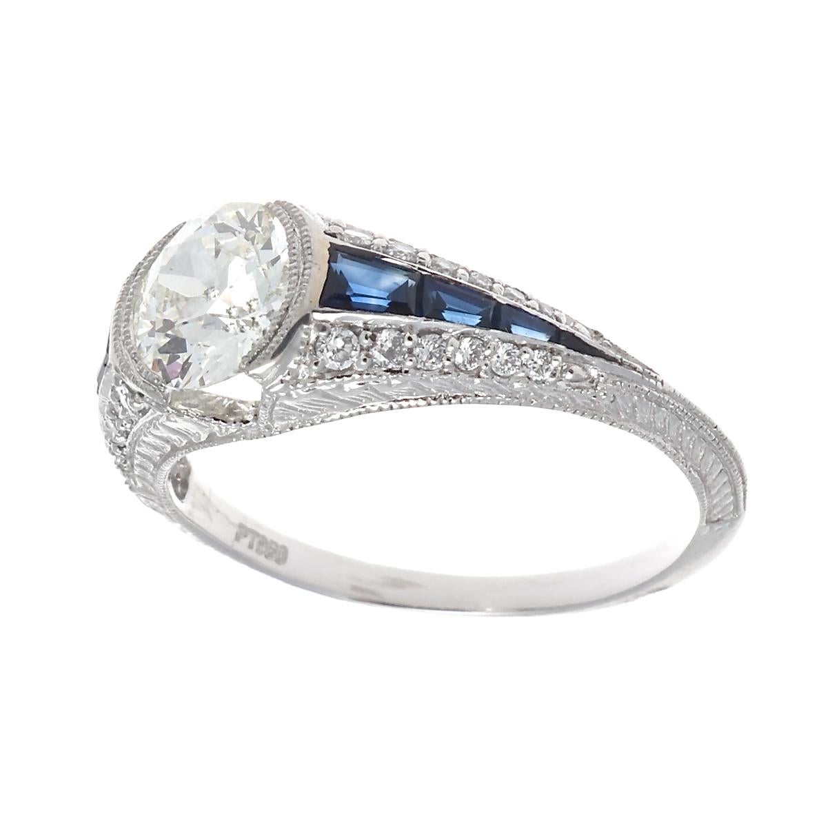 Old European Cut Art Deco Revival GIA Diamond Sapphire Platinum Engagement Ring